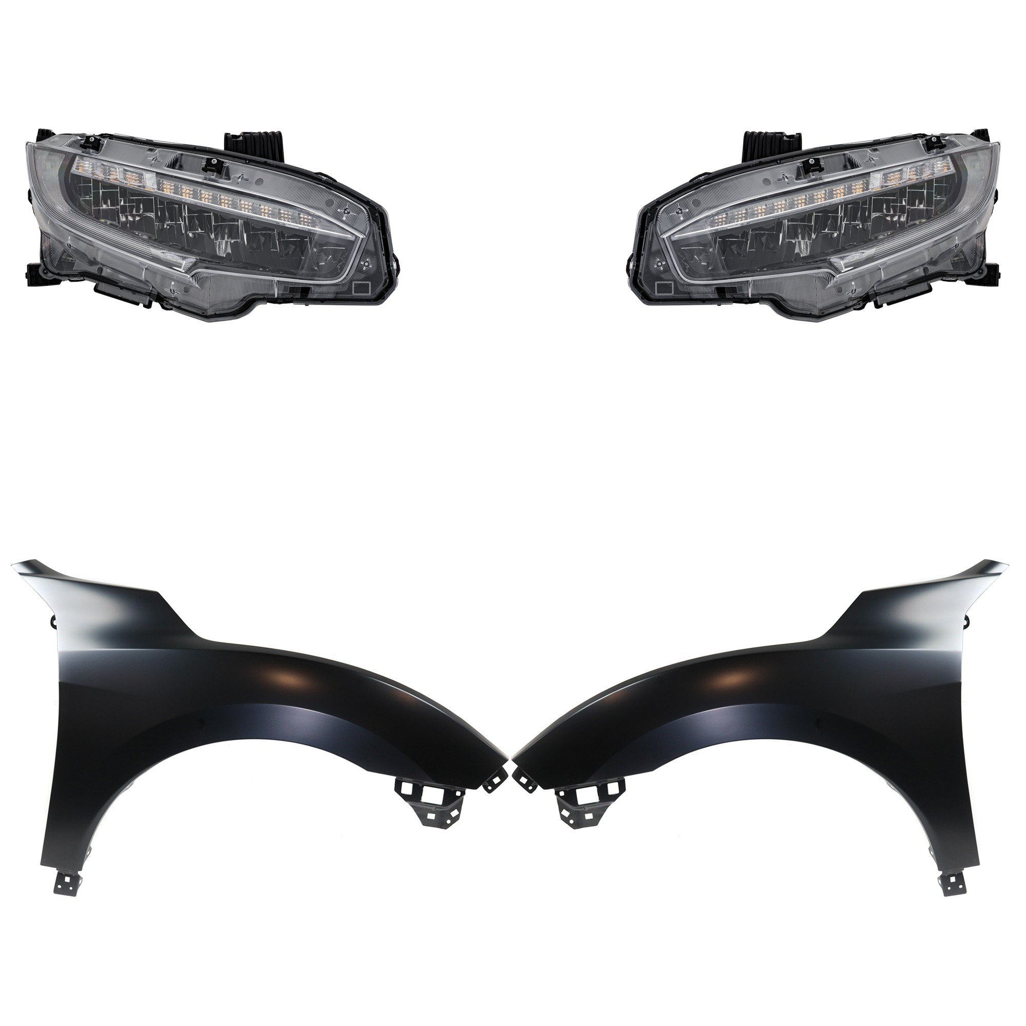Headlight Assembly for Honda Civic 2020, Right (Passenger) and Left (Driver) LED, 4-Piece Kit with Fenders - Replacement