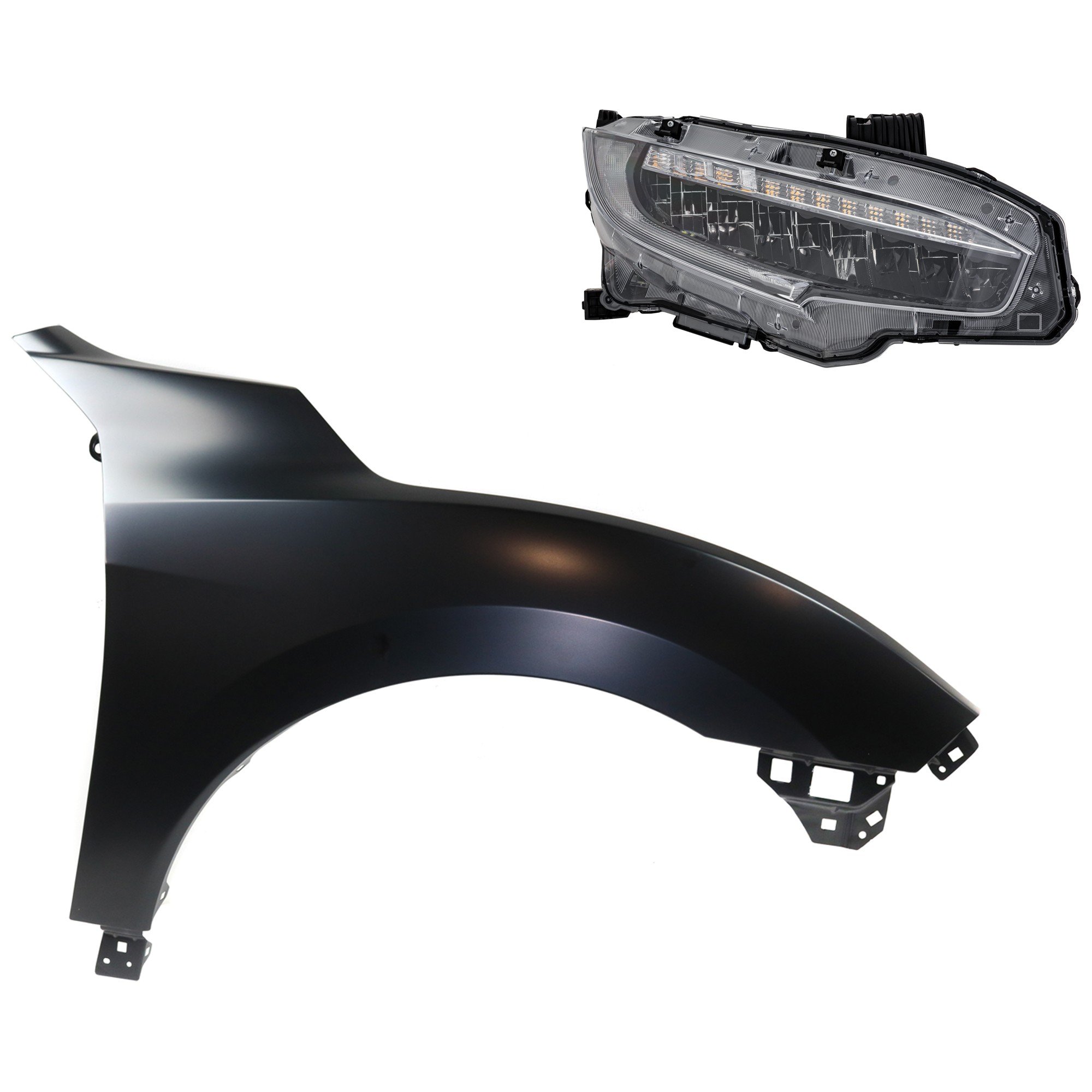LED Headlight Assembly for Honda Civic 2020-2020, Right (Passenger) Side, 2-Piece Kit with Fender, Replacement