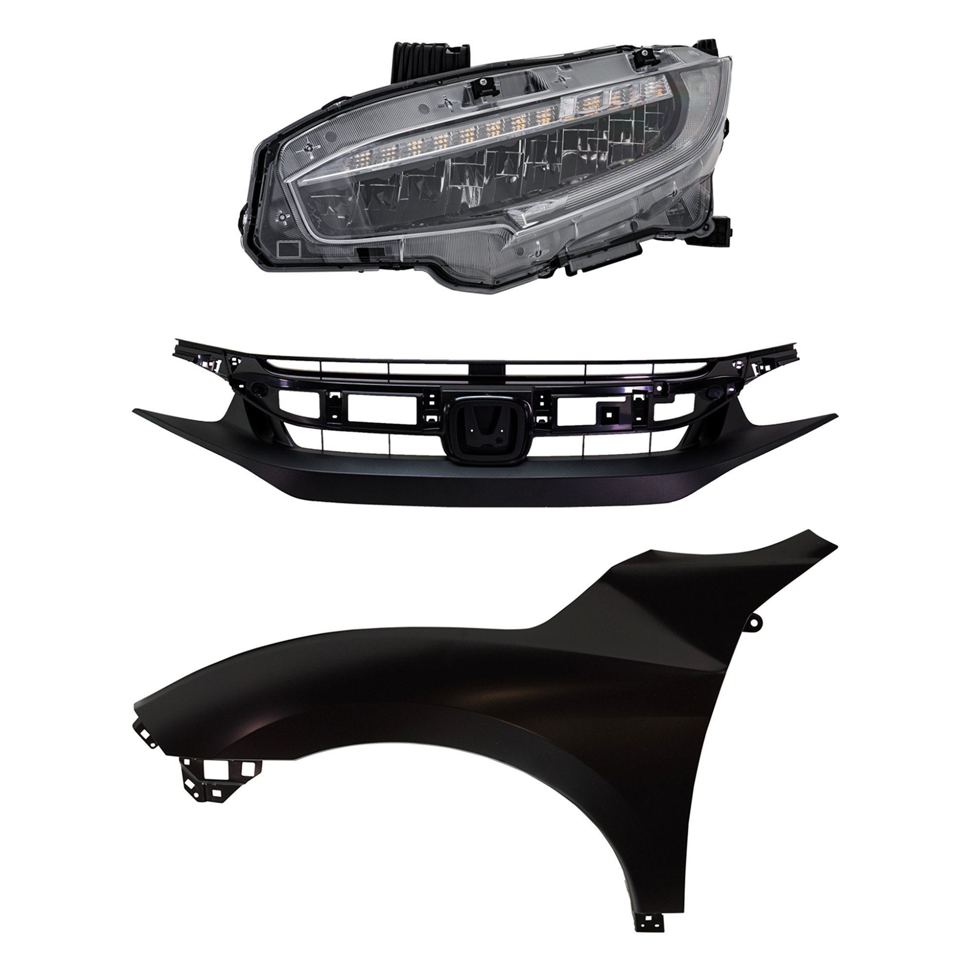 Headlight Assembly Kit for Honda Civic 2020, Left (Driver) side, LED, 3-Piece Set, Includes Fender and Grille Assembly, Replacement 