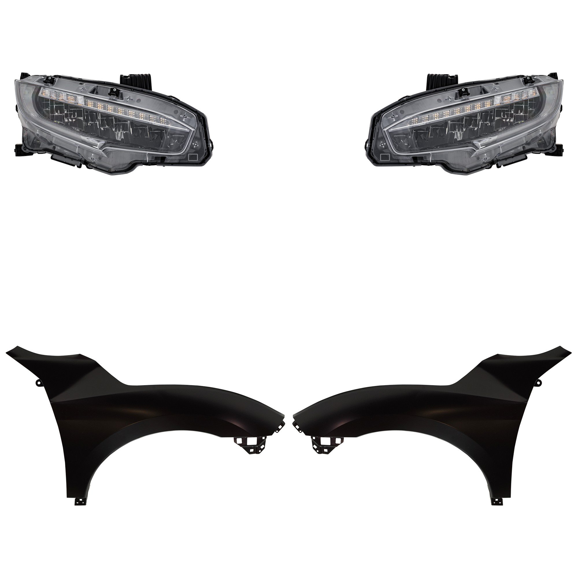Headlight Assembly Kit for 2020 Honda Civic, Right (Passenger) and Left (Driver) LED, 4-Piece with Fenders, Replacement