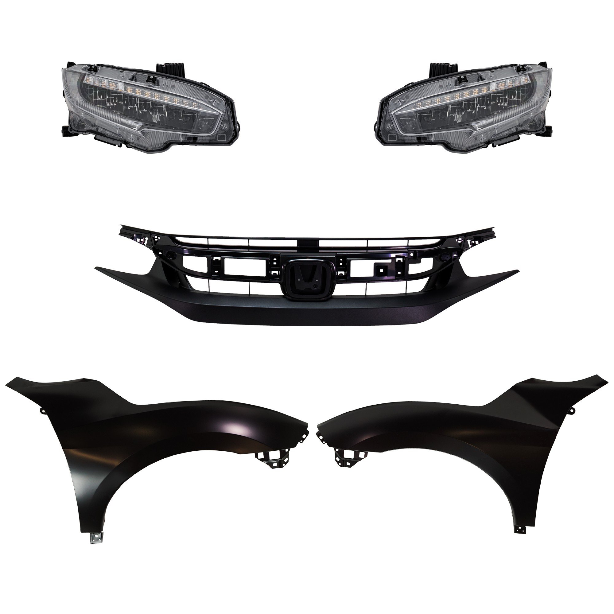 Headlight Assembly Kit for 2020 Honda Civic Including Left (Driver) and Right (Passenger) LED Lights, 5-Piece with Fenders and Grille Assembly, Replacement