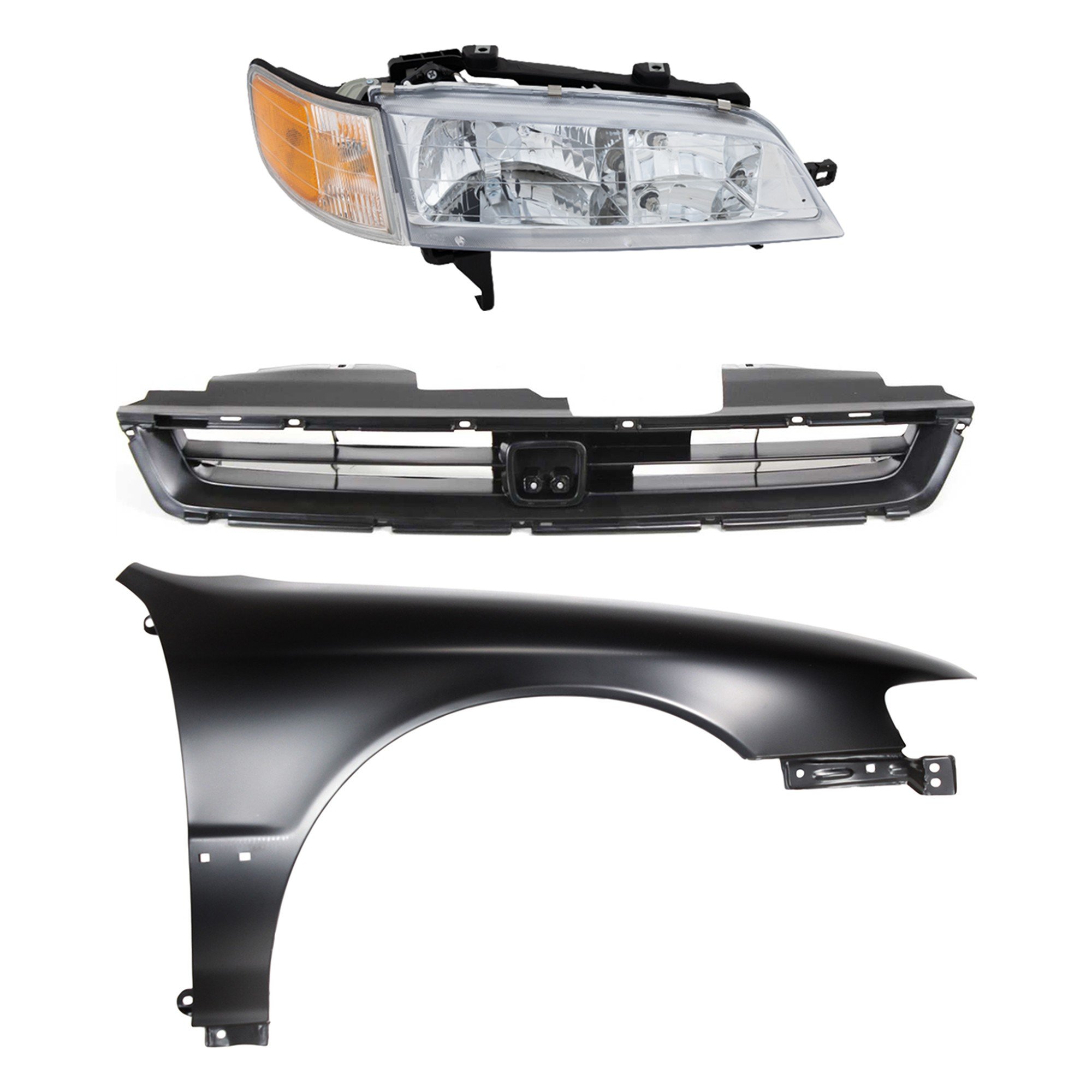 Headlight Assembly Kit for 1996-1997 Honda Accord, Right (Passenger) Side, Halogen, 3-Piece with Fender and Grille Assembly, Replacement