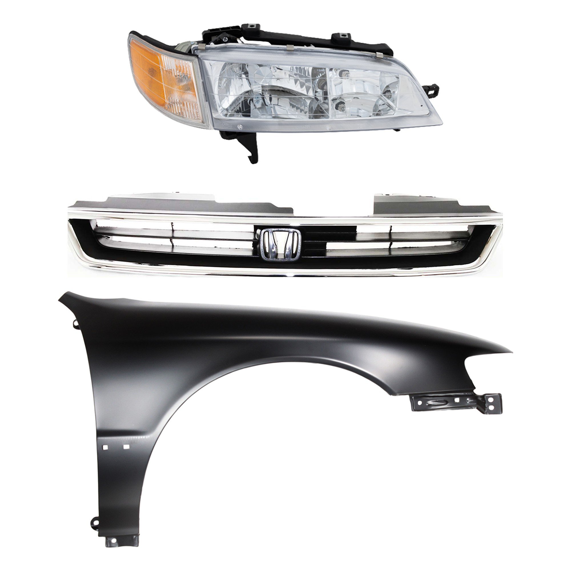Headlight Assembly for Honda Accord 1994-1997 Right (Passenger), Halogen, 3-Piece Kit with Fender and Grille, Replacement