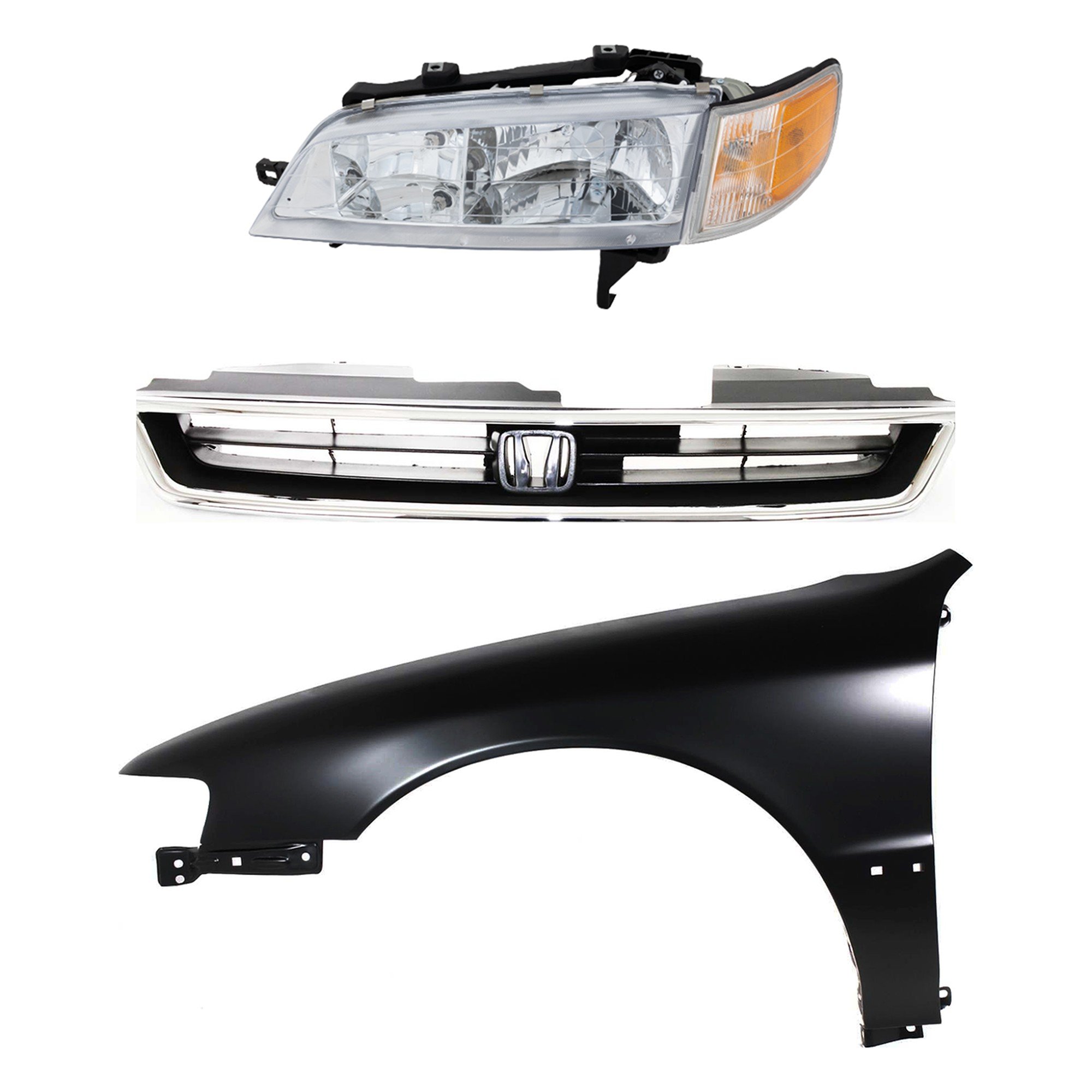 Headlight Assembly Kit for Honda Accord 1994-1997, Includes Left (Driver) Halogen Light, 3-Piece Set with Fender and Grille, Replacement