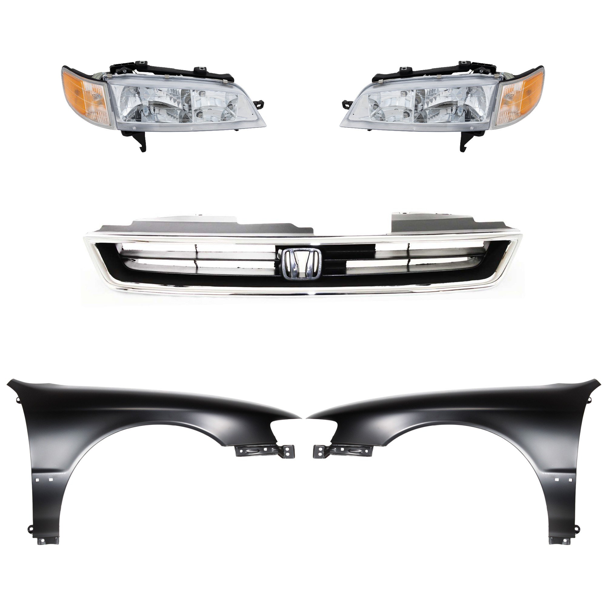 Headlight Assembly for 1994-1997 Honda Accord, Right (Passenger) and Left (Driver), 5-Piece Kit with Halogen Lights, Fenders, and Grille, Replacement