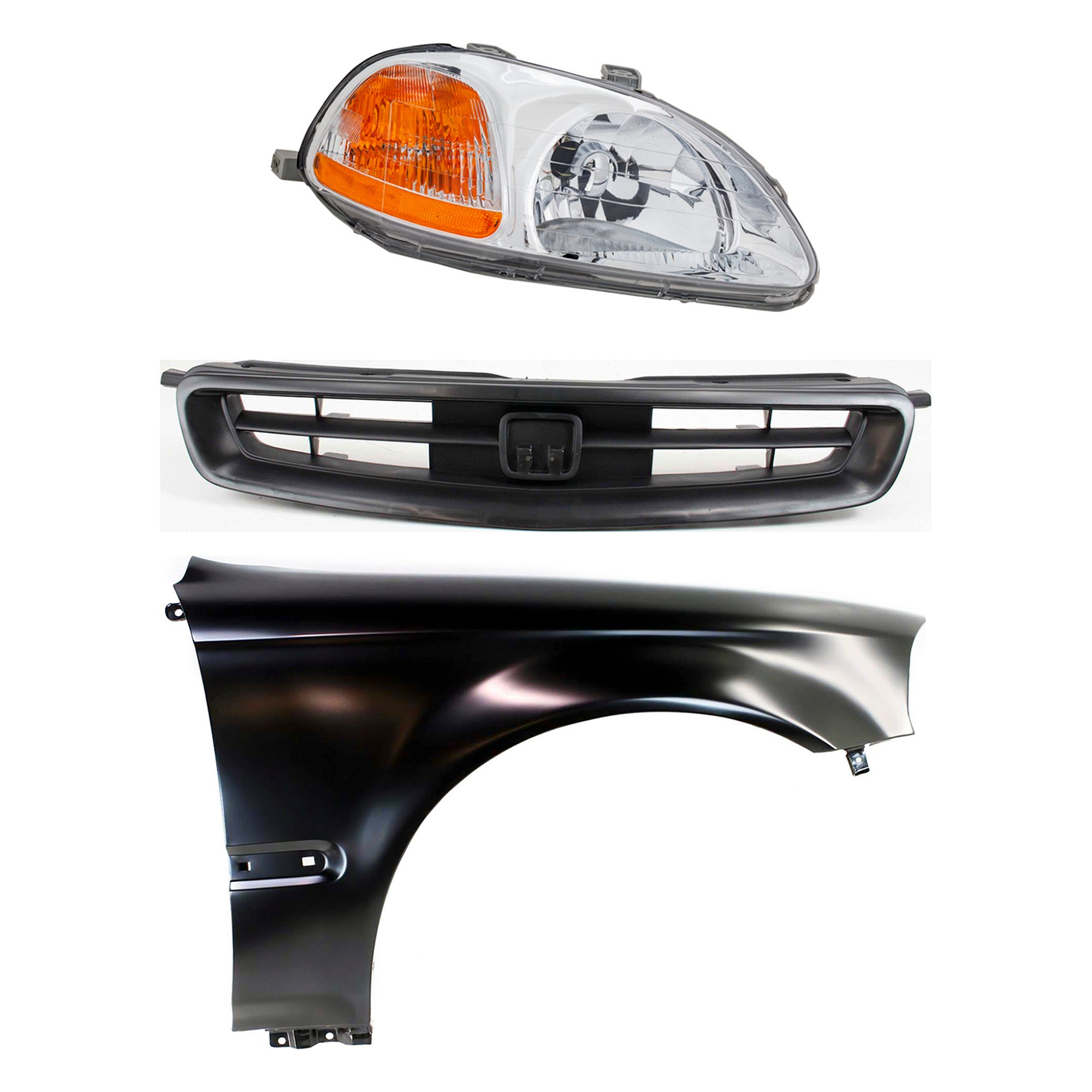 Headlight Kit for 1996-1998 Honda Civic, Right (Passenger) Lens and Housing, Halogen, 3-Piece Set, with Fender and Grille, Replacement
