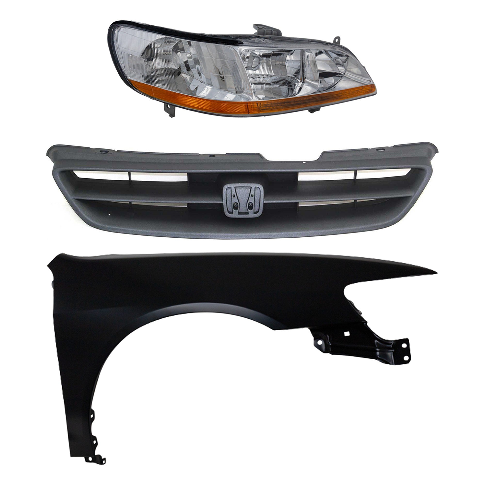 Headlight Kit for Honda Accord 1998-2000 Right (Passenger), Includes Lens and Housing, Halogen, 3-Piece Set, with Fender and Grille, Replacement