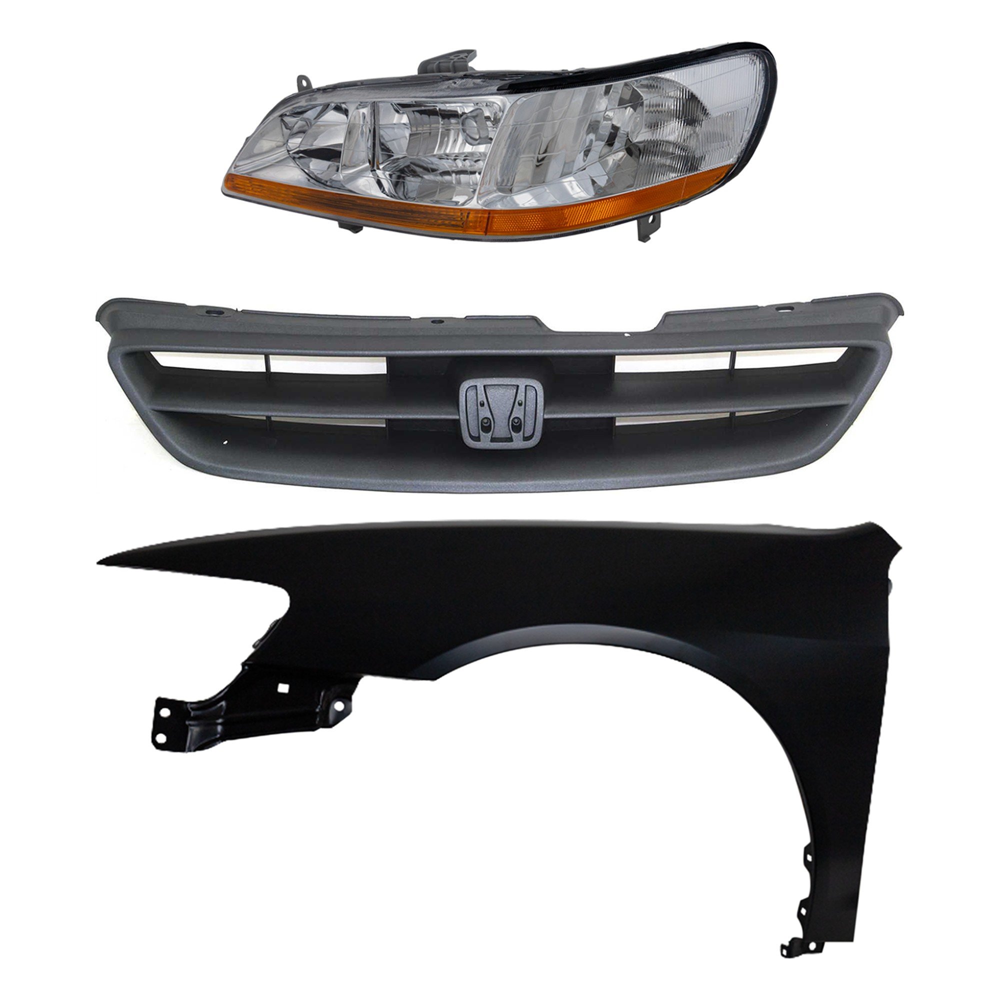 Headlight Kit for Honda Accord 1998-2000, Left (Driver) Side, Lens and Housing, Halogen, 3-Piece Set with Fender and Grille Assembly, Replacement