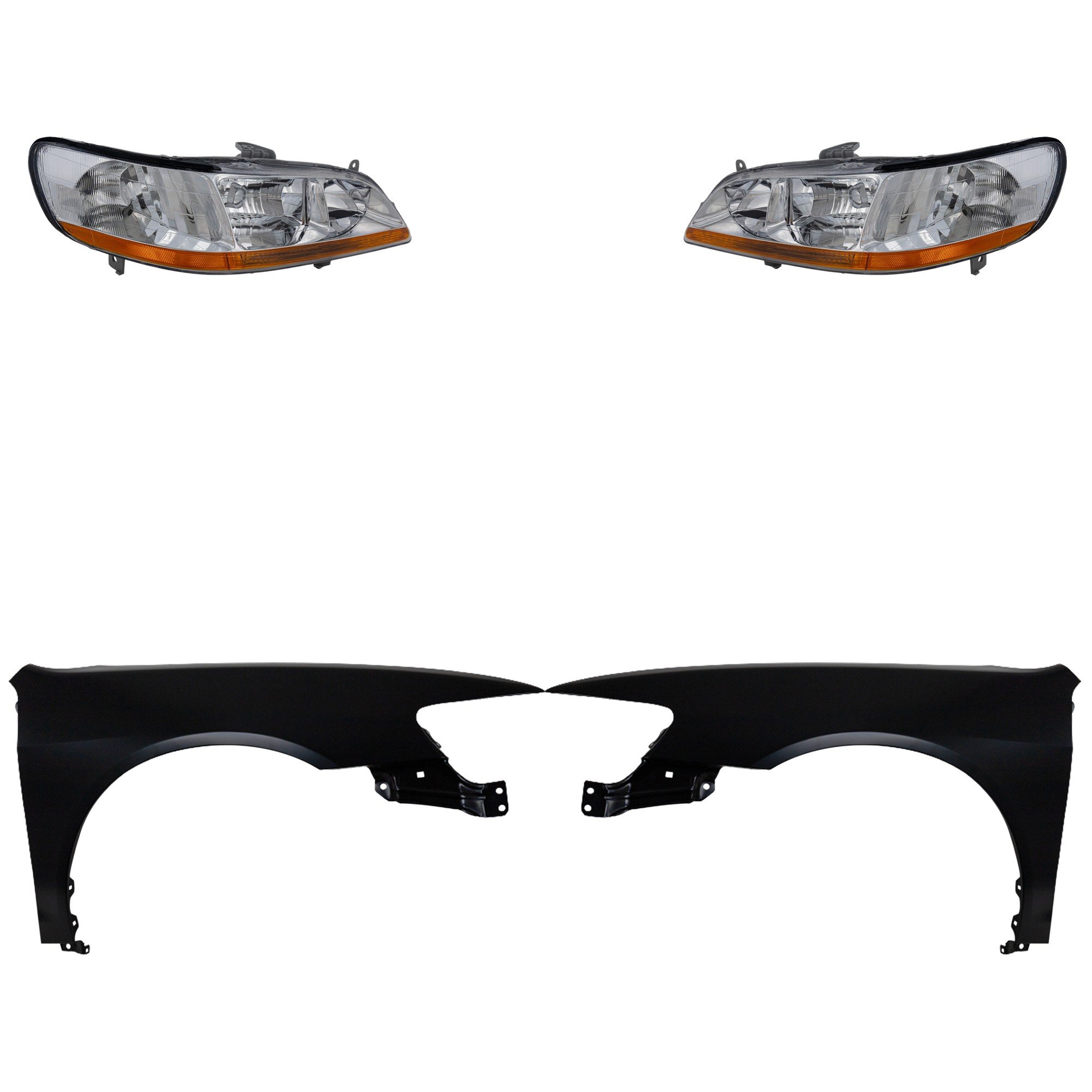 Headlight Kit for 1998-2000 Honda Accord, Right (Passenger) and Left (Driver), Lens and Housing, Halogen, 4-Piece with Fenders, Replacement