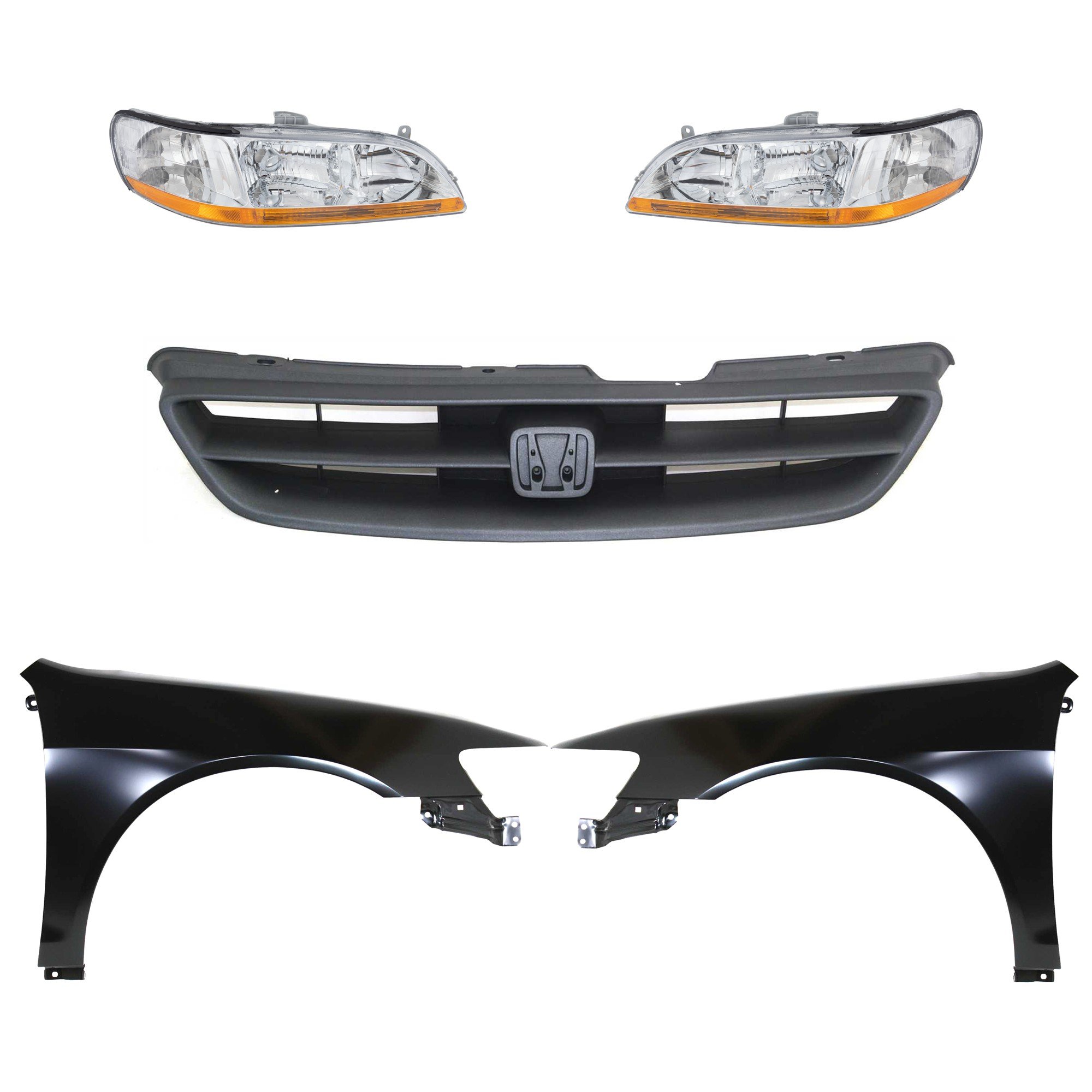 Headlight Lens and Housing Kit for 1998-2000 Honda Accord, Right (Passenger) and Left (Driver), Halogen, 5-Piece Set with Fenders and Grille, Replacement