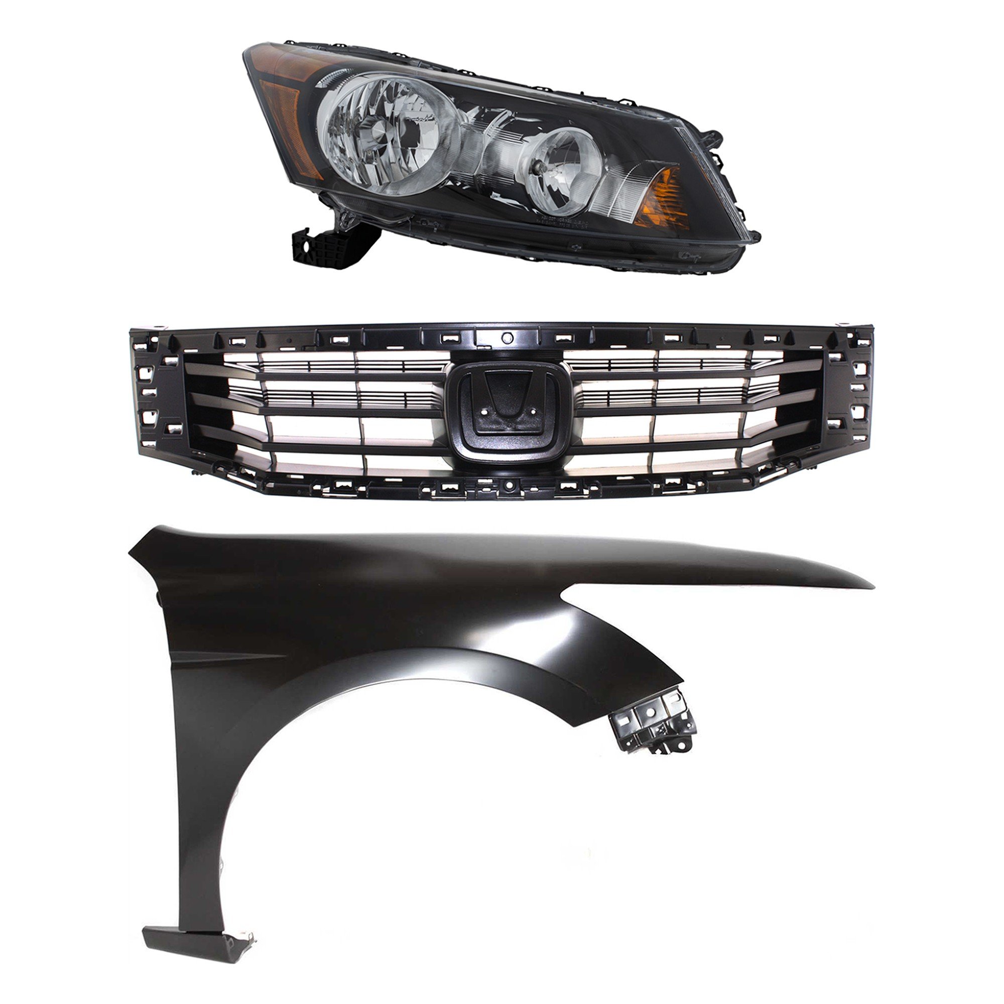 Headlight Assembly for 2008-2010 Honda Accord, Right (Passenger) Side, Halogen, 3-Piece Kit with Fender and Grille Insert - Replacement