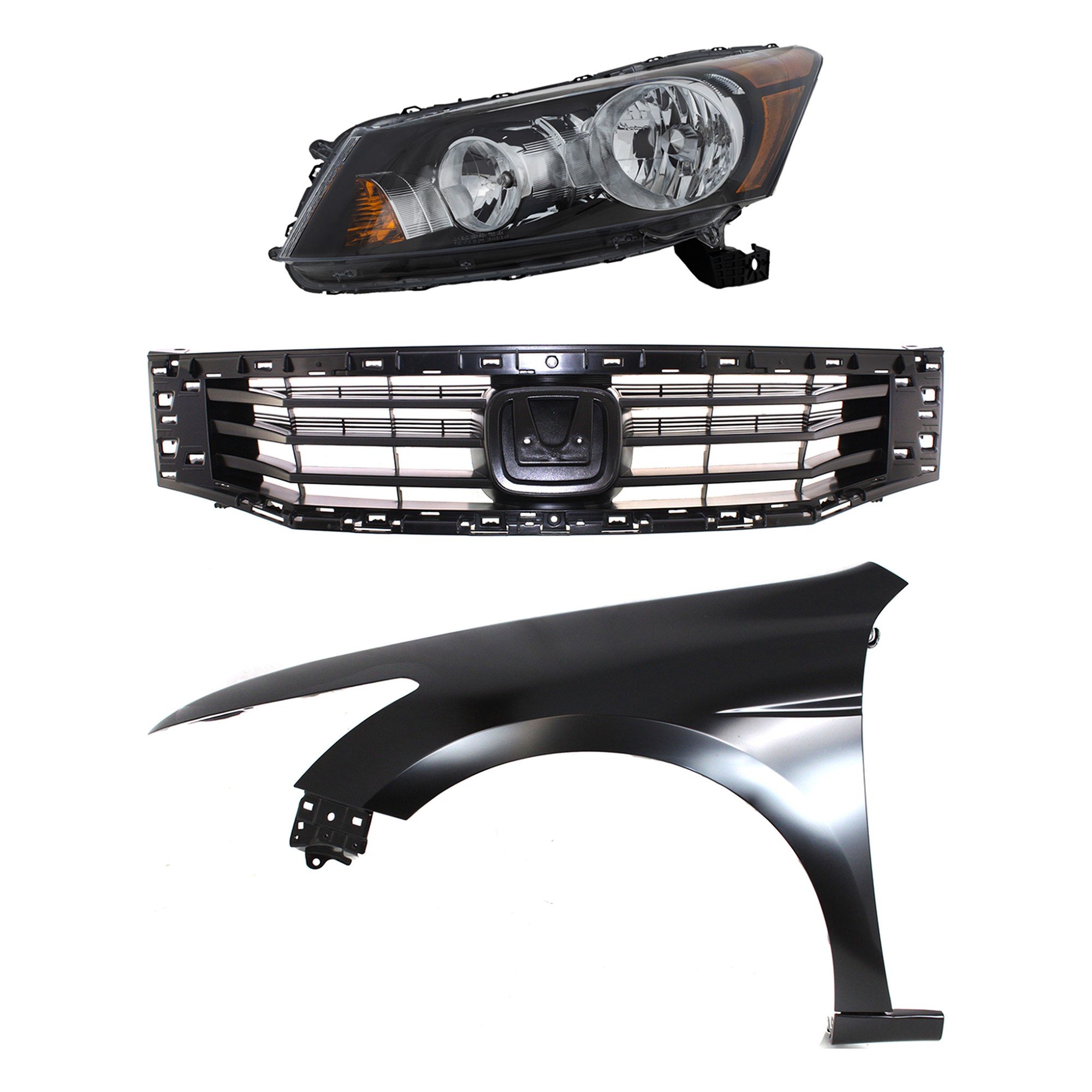Headlight Assembly for 2008-2010 Honda Accord, Left (Driver) Side, Halogen, 3-Piece Kit with Fender and Grille Insert, Replacement