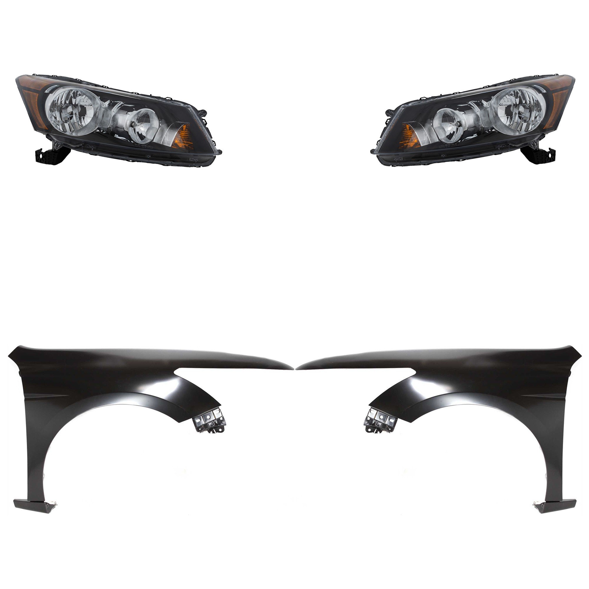 Headlight Assembly for 2008-2010 Honda Accord, Right (Passenger) and Left (Driver), Halogen, 4-Piece Kit with Fenders, Replacement