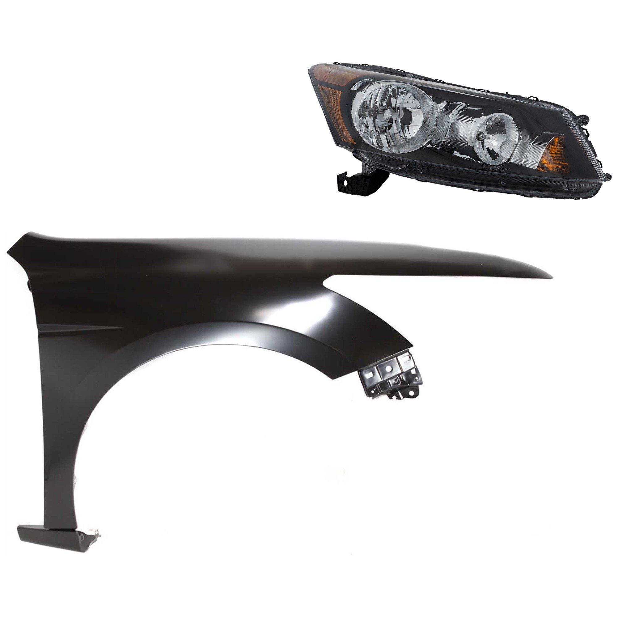 Headlight Assembly for 2008-2010 Honda Accord, Right (Passenger) Side, Halogen, 2-Piece Kit with Fender, Replacement