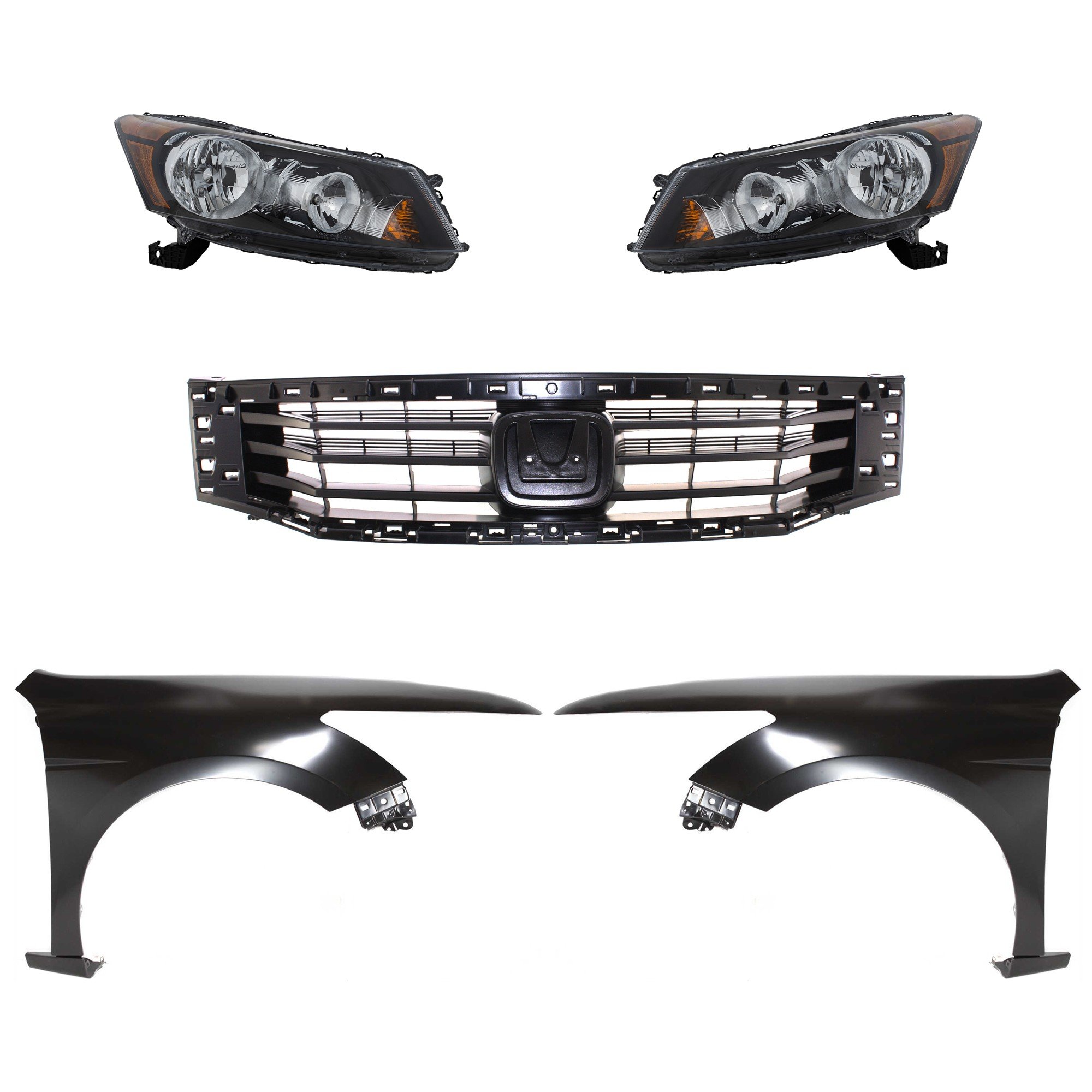 Headlight Assembly Kit for 2008-2010 Honda Accord, Right (Passenger) and Left (Driver), Halogen, 5-Piece with Fenders and Grille Insert, Replacement