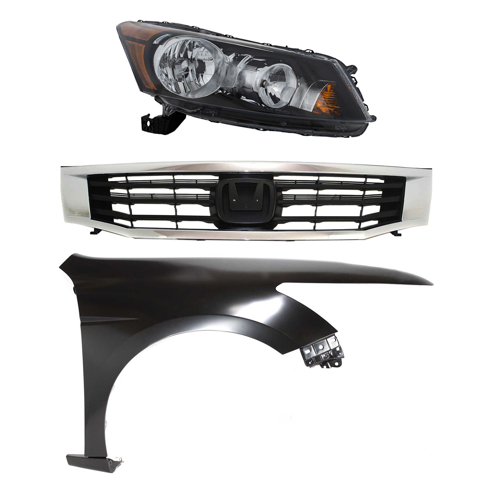 Headlight Assembly Kit for 2008-2010 Honda Accord, Right (Passenger) Side, Halogen, 3-Piece Kit with Fender and Grille, Replacement
