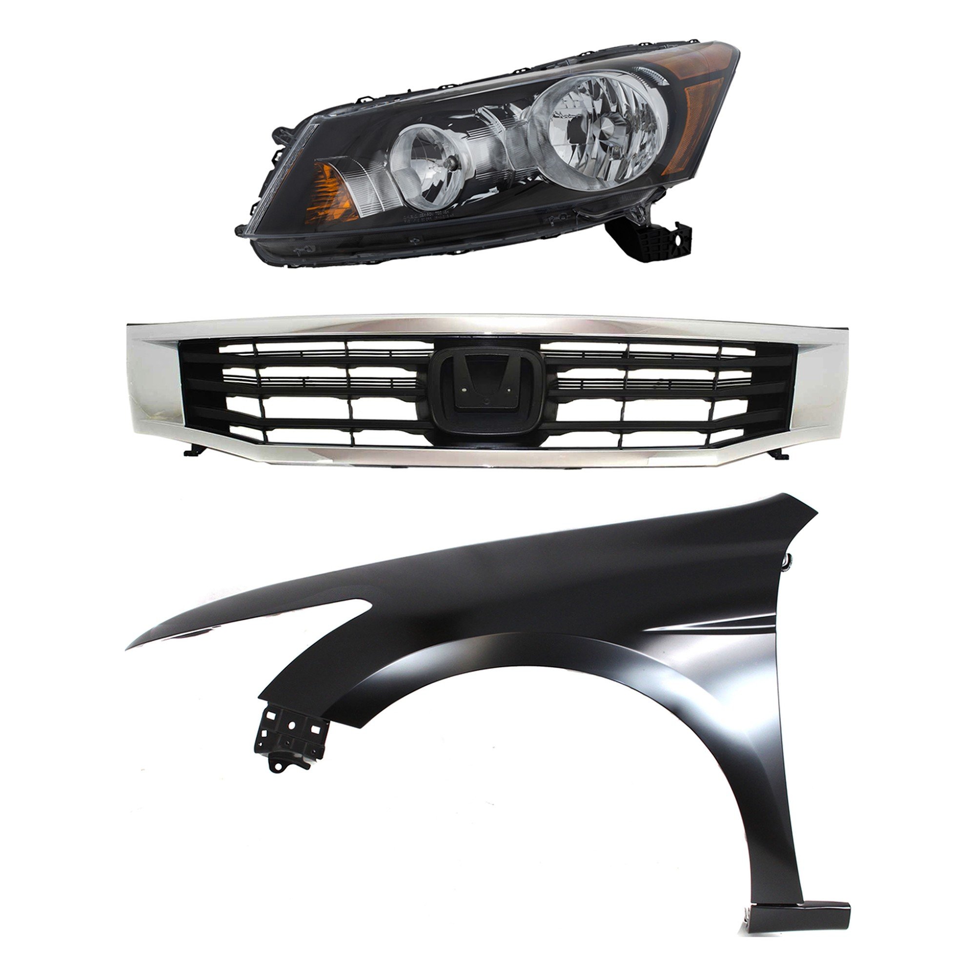 Headlight Assembly Kit for 2008-2010 Honda Accord, Left (Driver) Side, Halogen, 3-Piece Kit with Fender and Grille, Replacement
