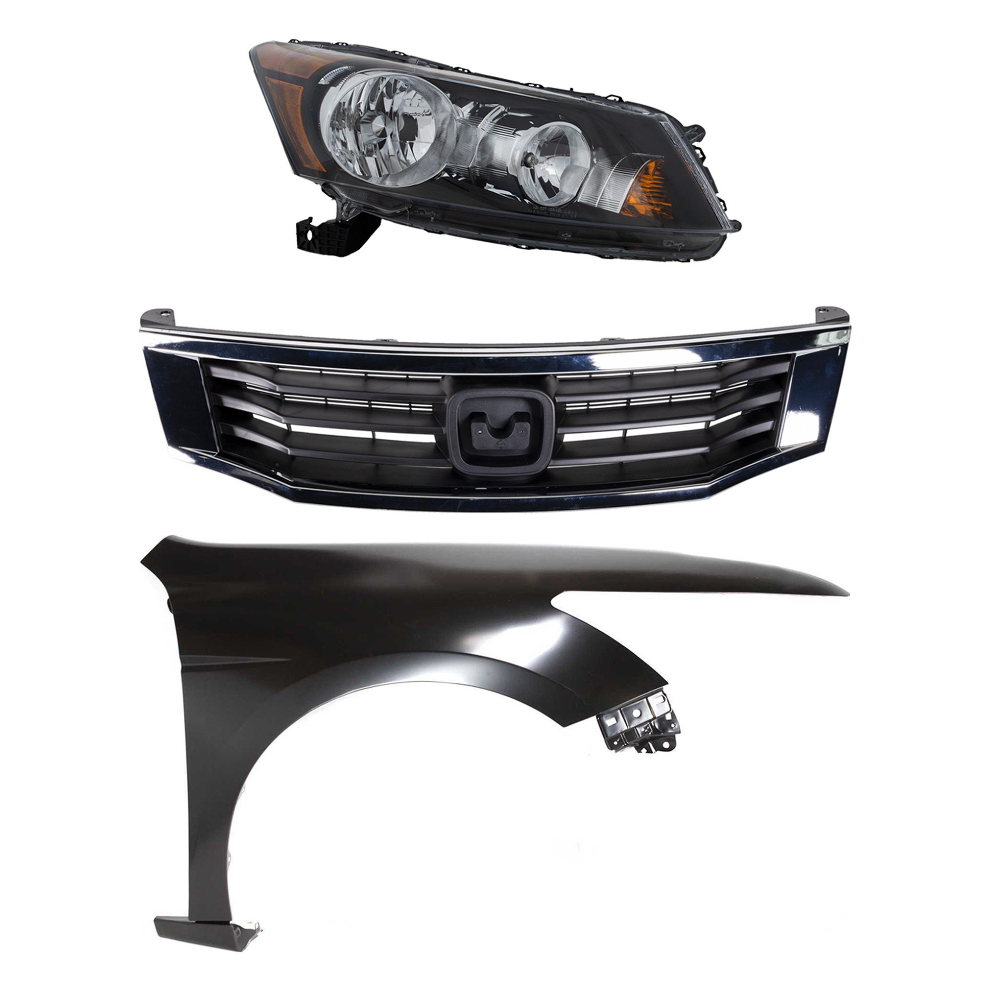Headlight Assembly Kit for 2008-2010 Honda Accord, Right (Passenger), Halogen, 3-Piece with Fender and Grille, Replacement