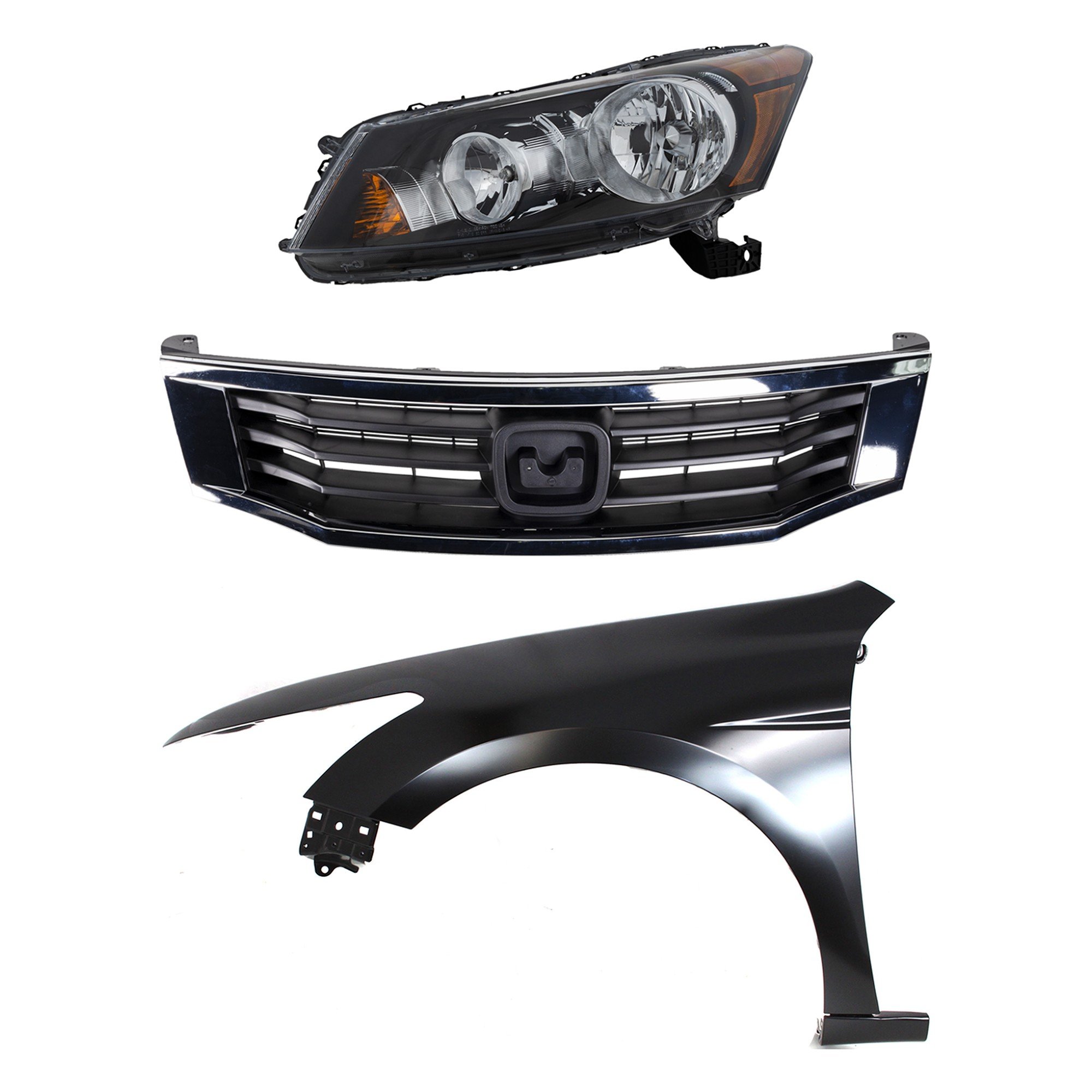 Headlight Assembly for 2008-2010 Honda Accord, Left (Driver), Halogen, 3-Piece Kit with Fender and Grille, Replacement