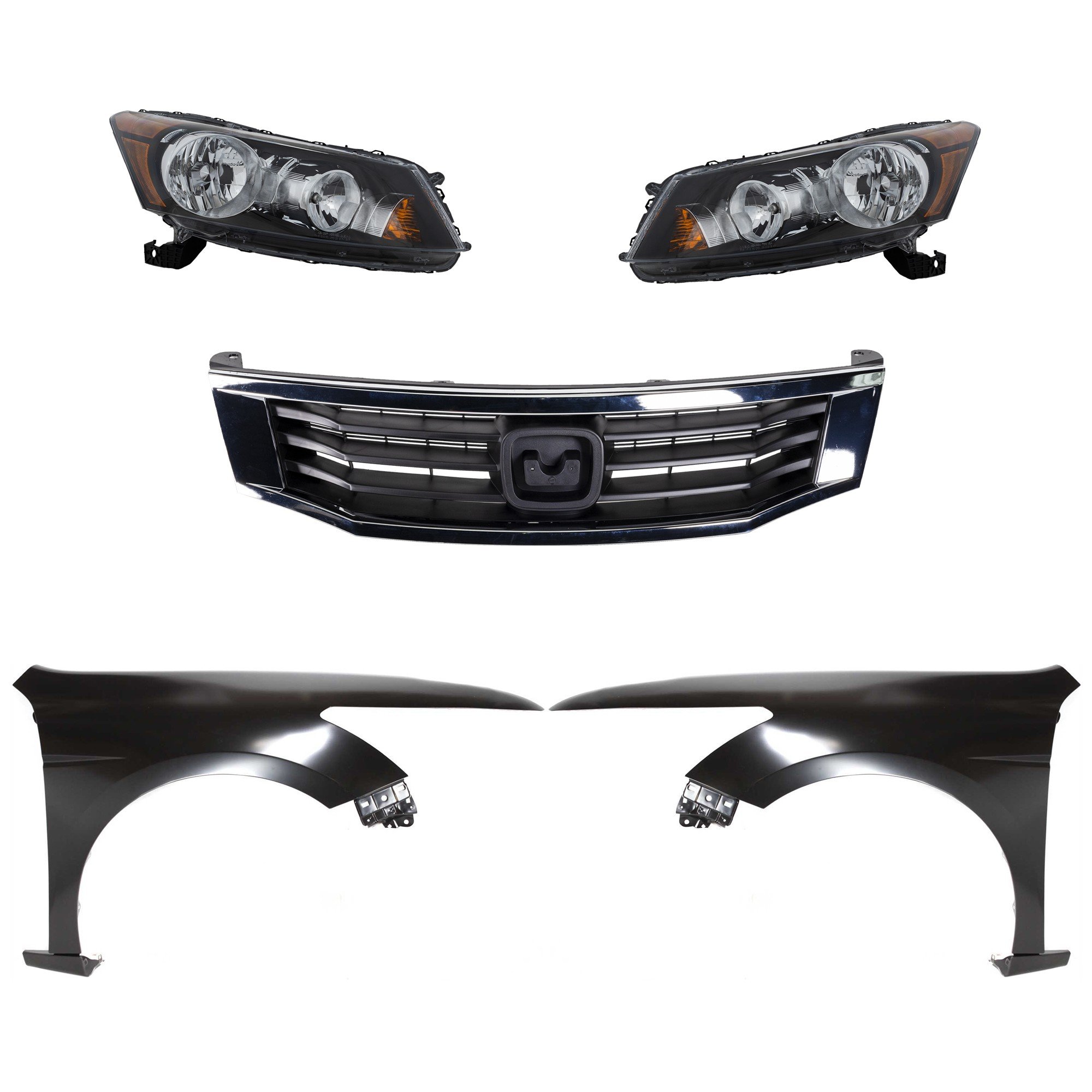 Headlight Assembly Kit for 2008-2010 Honda Accord, Right (Passenger) and Left (Driver) Halogen, 5-Piece Kit with Fenders and Grille, Replacement