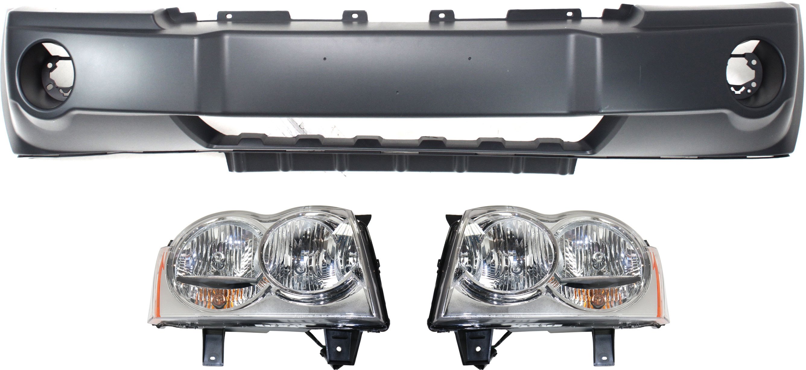 Headlight Assembly Kit for 2005-2007 Jeep Grand Cherokee, Right (Passenger) and Left (Driver), Halogen, 3-Piece with Bumper Cover, Replacement