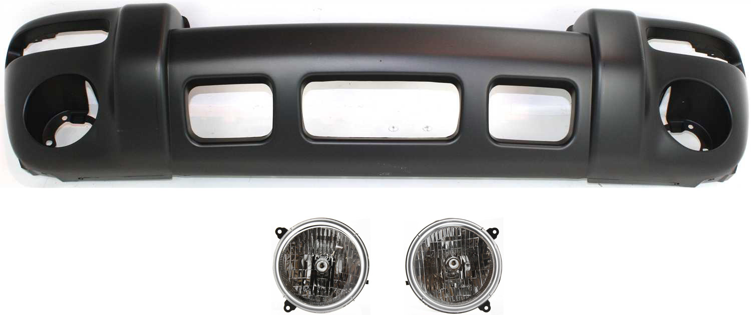 Front Bumper Cover for Jeep Liberty 2003-2004, 3-Piece Kit with Headlights Replacement