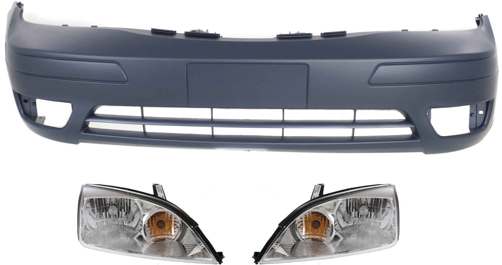 Headlight Assembly for Ford Focus 2005-2007, Right (Passenger) and Left (Driver) Set with Bumper Cover, 3-Piece Kit, Halogen, Replacement
