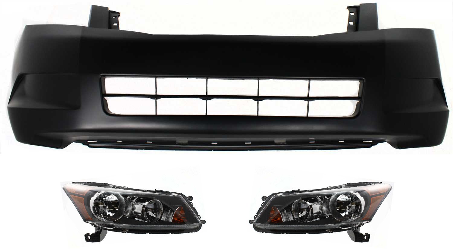 Headlight Assembly Kit for 2008-2010 Honda Accord, Right (Passenger) & Left (Driver) Halogen, 3-Piece with Bumper Cover, Replacement