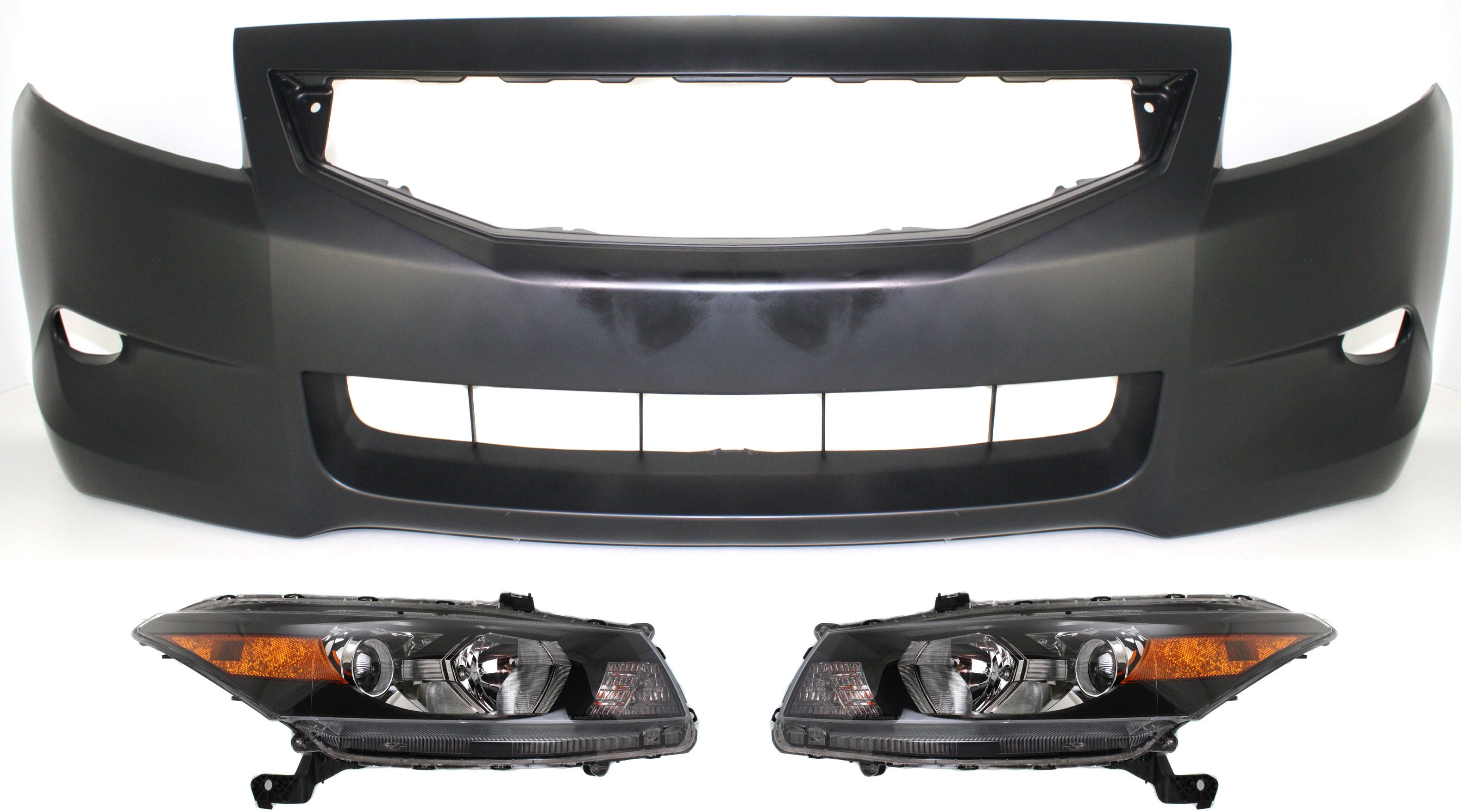 Headlight Assembly Kit for 2008-2010 Honda Accord, Right (Passenger) and Left (Driver), Halogen, 3-Piece with Bumper Cover, Replacement