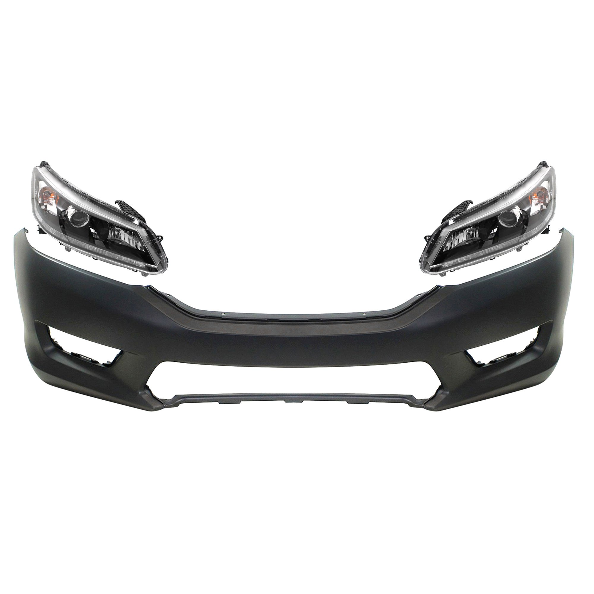 Front Bumper Cover Kit for 2013-2015 Honda Accord, Primed (Ready to Paint), 3-Piece Set, Includes Headlights, Replacement