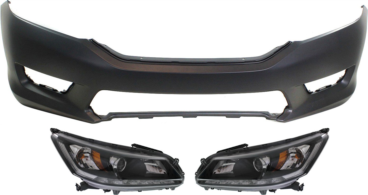 Headlight Assembly Kit for Honda Accord 2013-2015, Right (Passenger) and Left (Driver) Halogen Light, 3-Piece Set with Bumper Cover Replacement