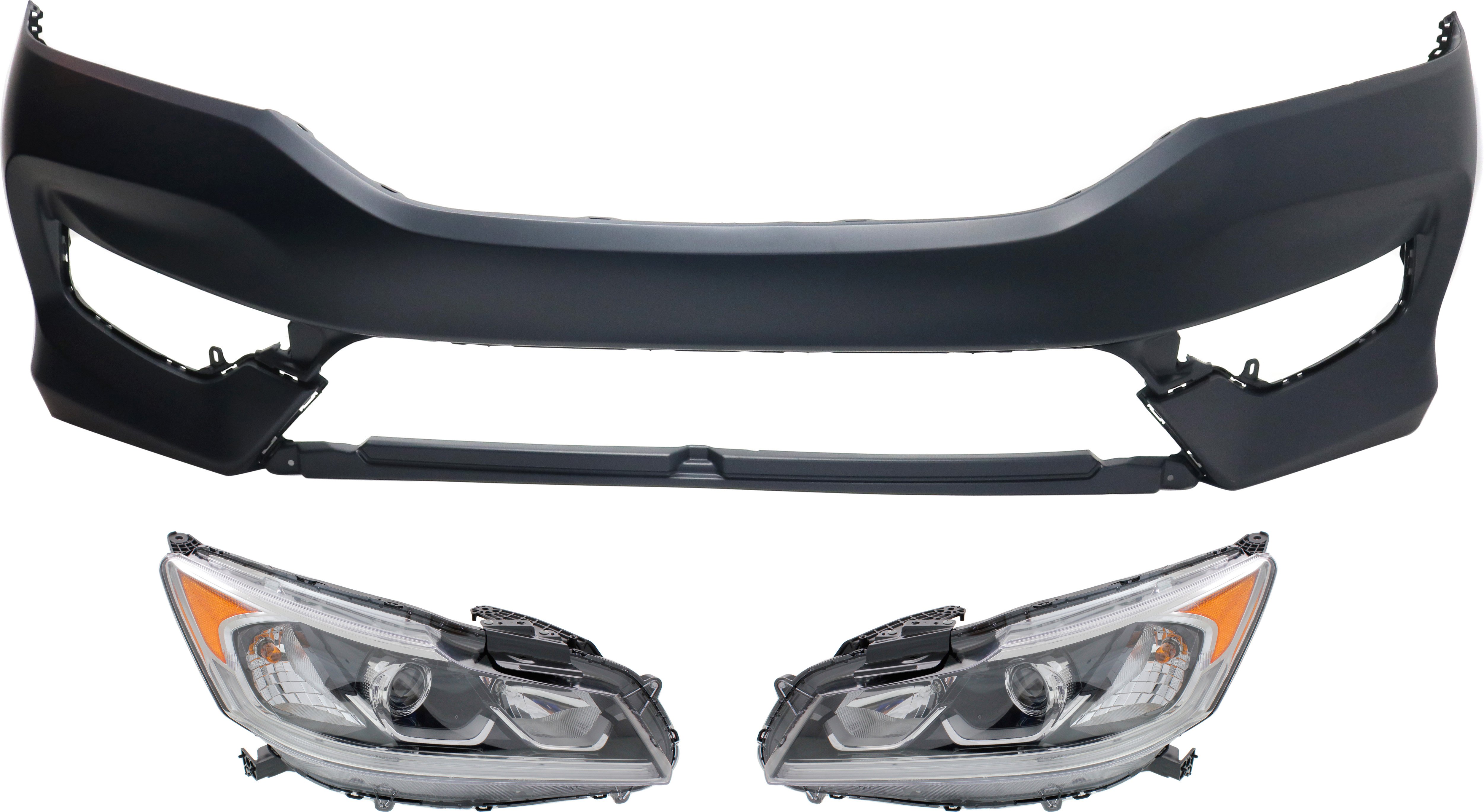 Headlight Assembly Kit for 2016-2017 Honda Accord, Right (Passenger) and Left (Driver) Halogen Light, 3-Piece with Bumper Cover, Replacement