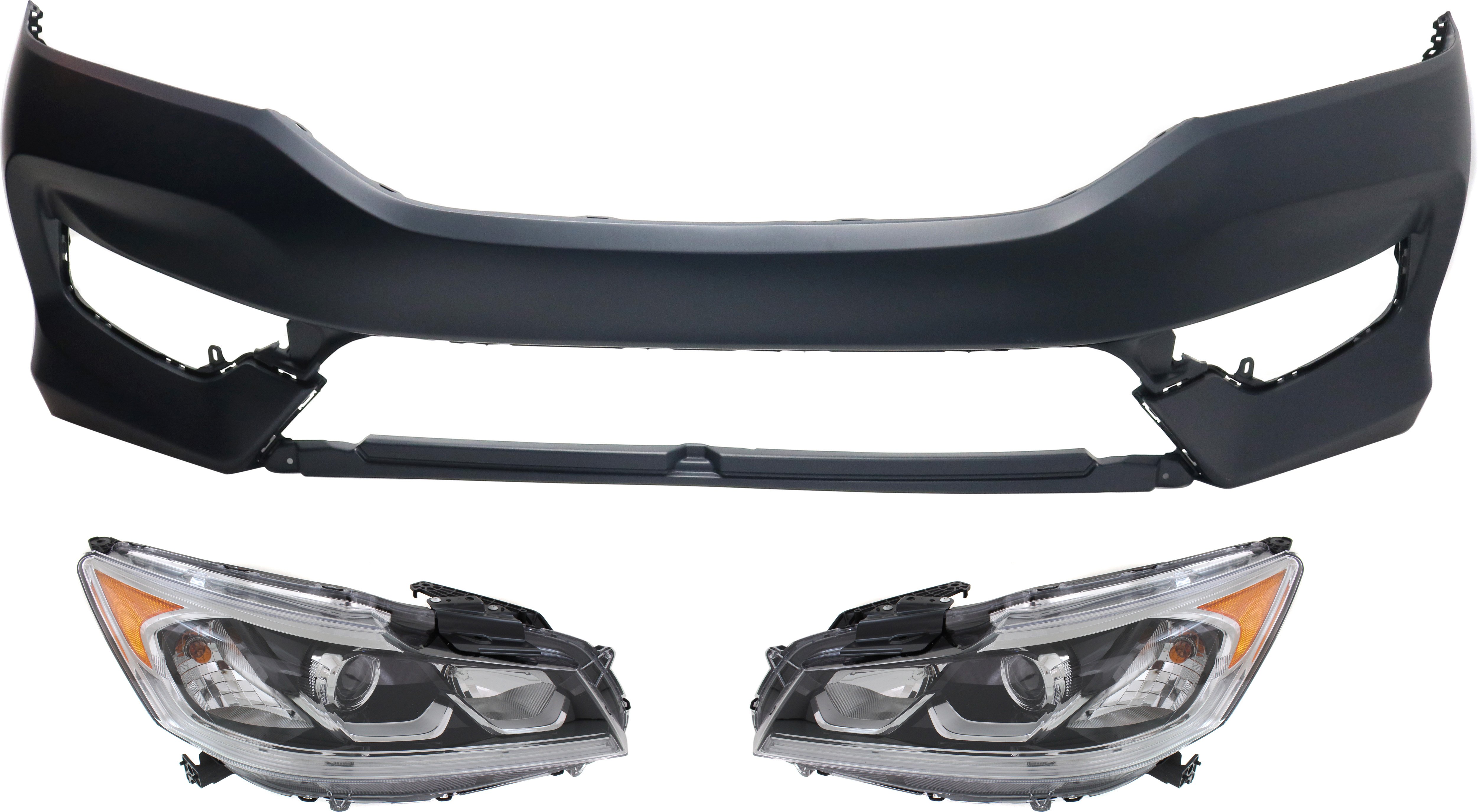 Headlight Assembly Kit for 2016-2017 Honda Accord, Right (Passenger) and Left (Driver), Halogen, 3-Piece with Bumper Cover, Replacement