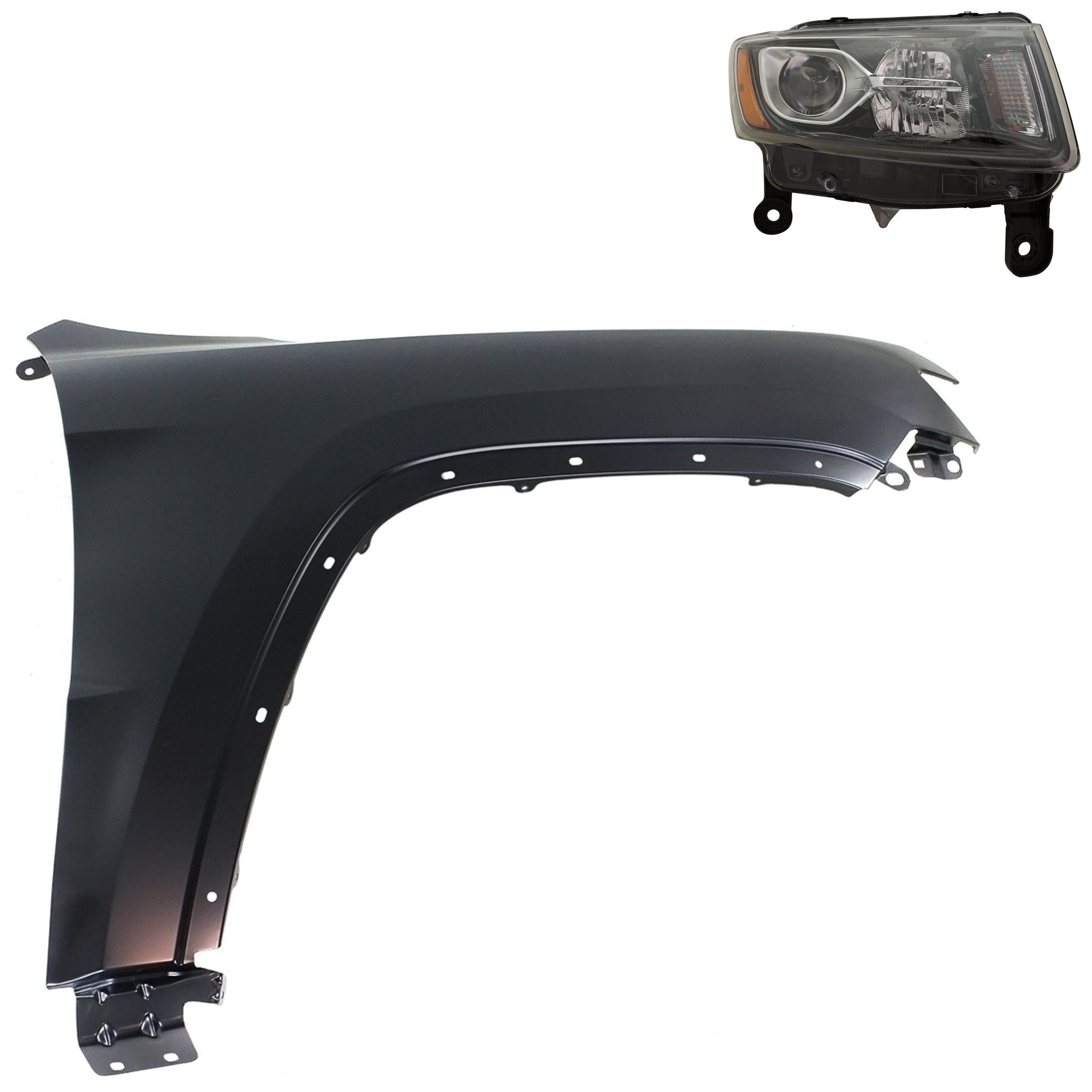 Headlight Assembly Kit for Jeep Grand Cherokee 2014-2016, Right (Passenger) Side, Halogen, 2-Piece Kit, with Fender, Replacement