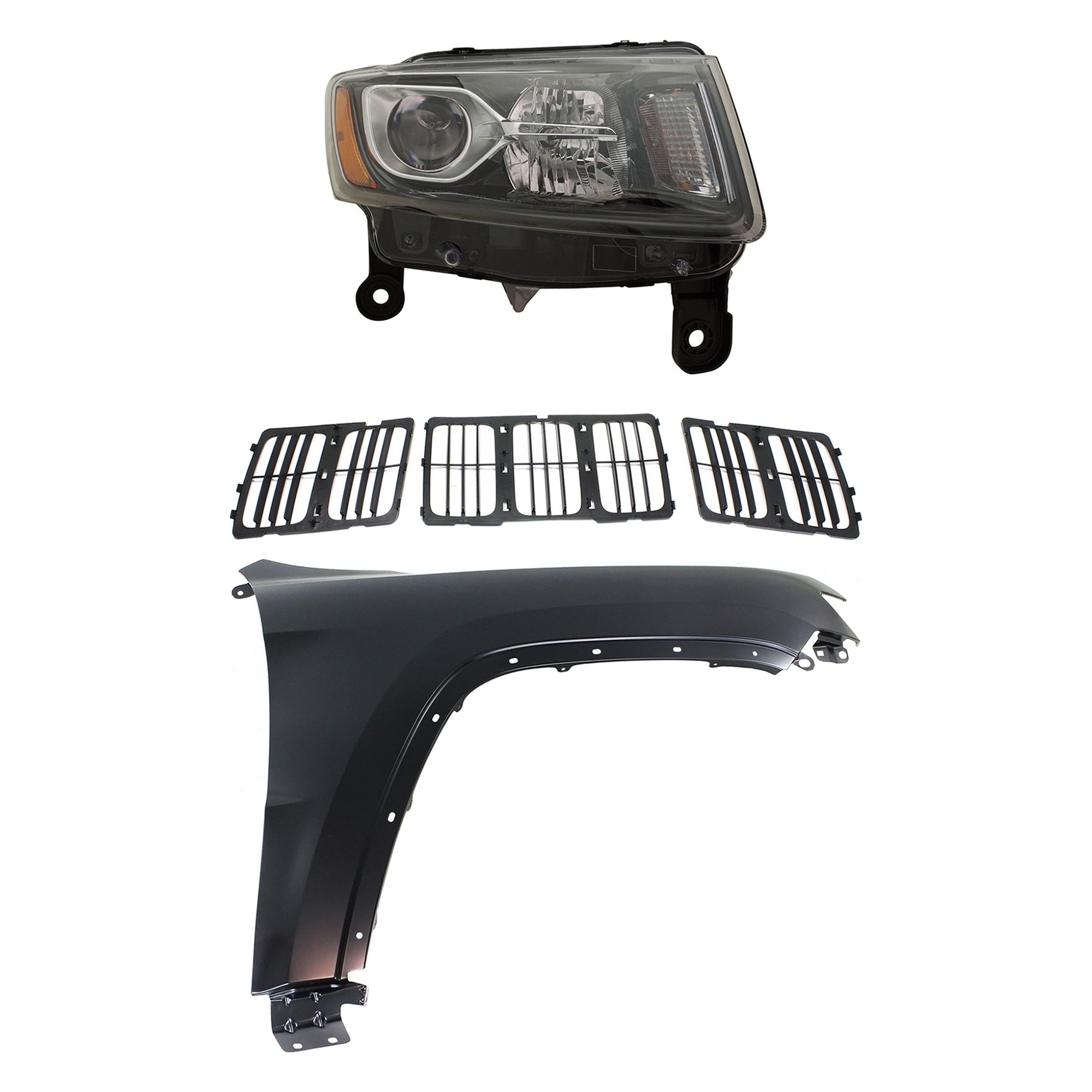 Headlight Assembly Kit for Jeep Grand Cherokee 2014-2016 Right (Passenger) Side, 3-Piece with Halogen Bulbs, Includes Fender and Grille Assembly Replacement