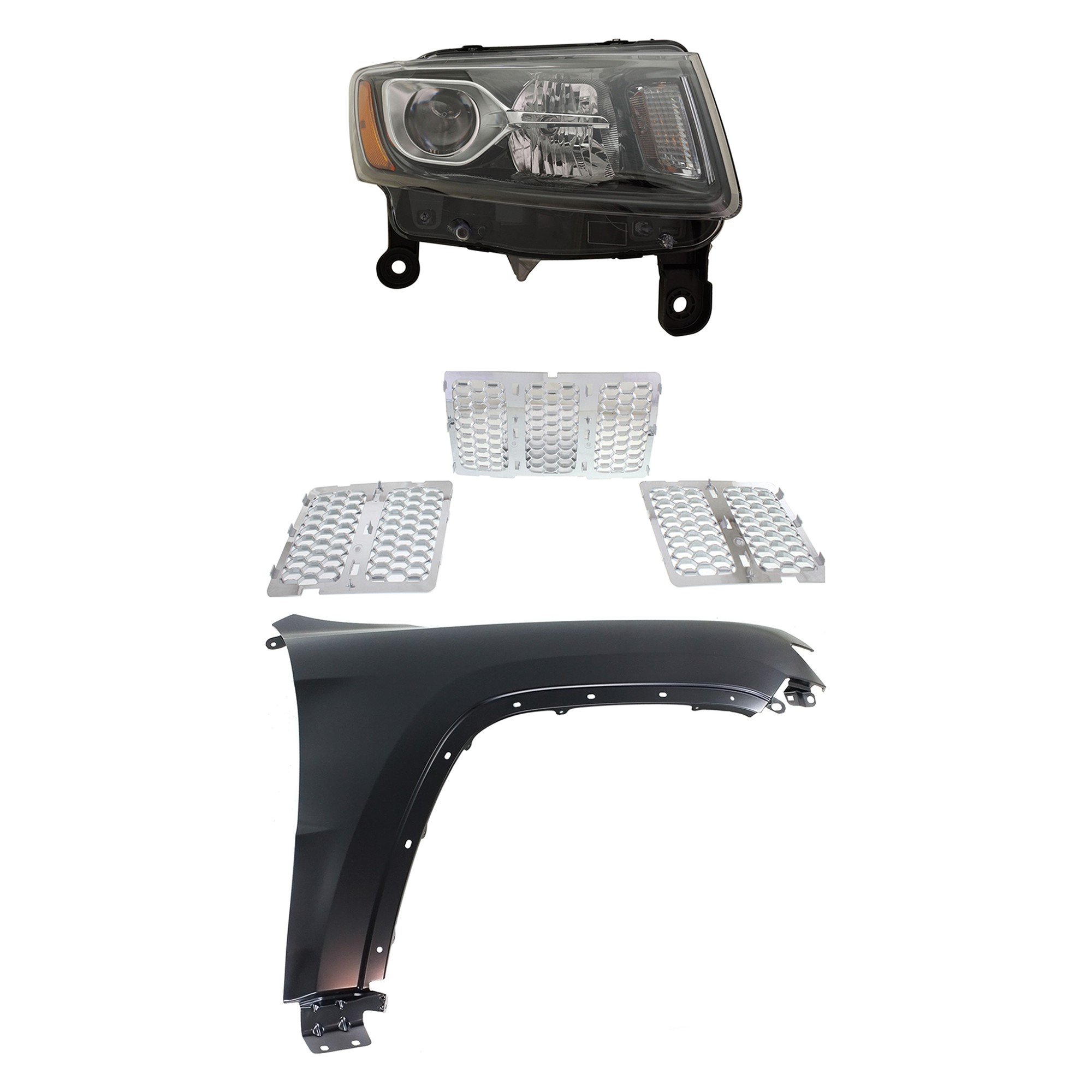 Headlight Assembly Kit for 2014-2016 Jeep Grand Cherokee, Right (Passenger) Side, Halogen, 3-Piece Kit with Fender and Grille Assembly Replacement