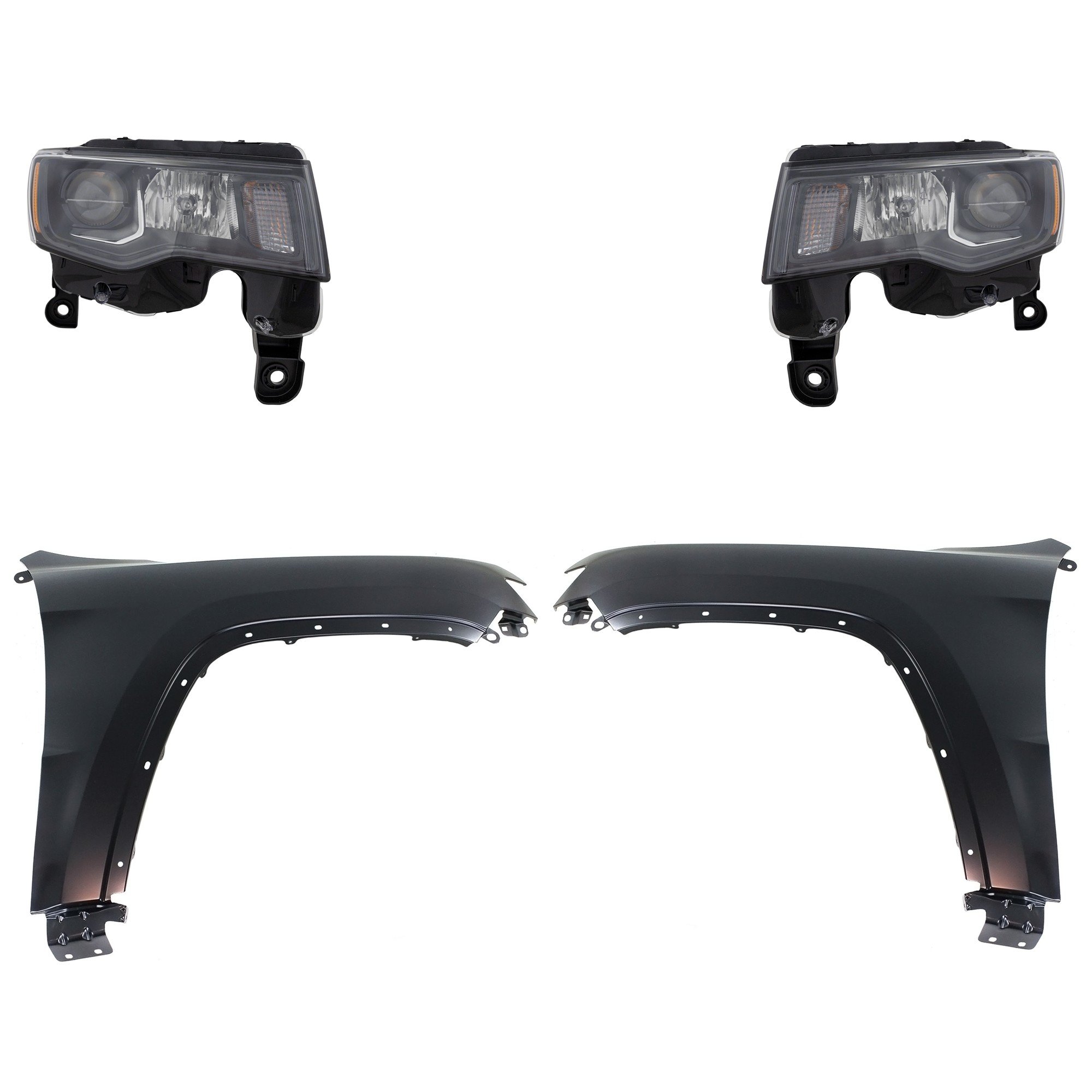 Headlight Assembly Kit for Jeep Grand Cherokee 2017-2021, Right (Passenger) and Left (Driver), Halogen, 4-Piece Set, Includes Fenders, Replacement