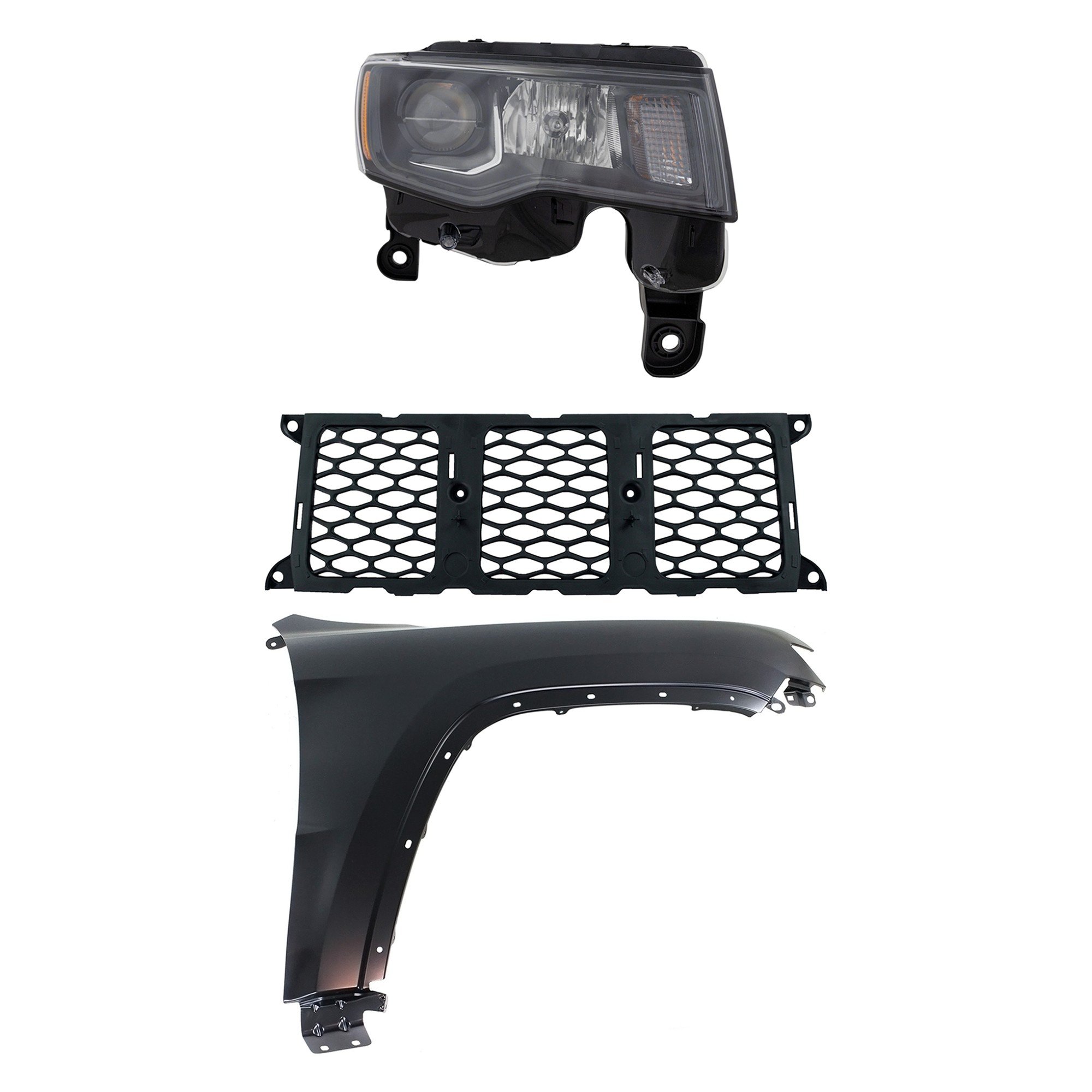 Headlight Assembly for JEEP GRAND CHEROKEE 2017-2021, Right (Passenger), 3-Piece Kit, Halogen, with Fender and Grille Assembly, Replacement