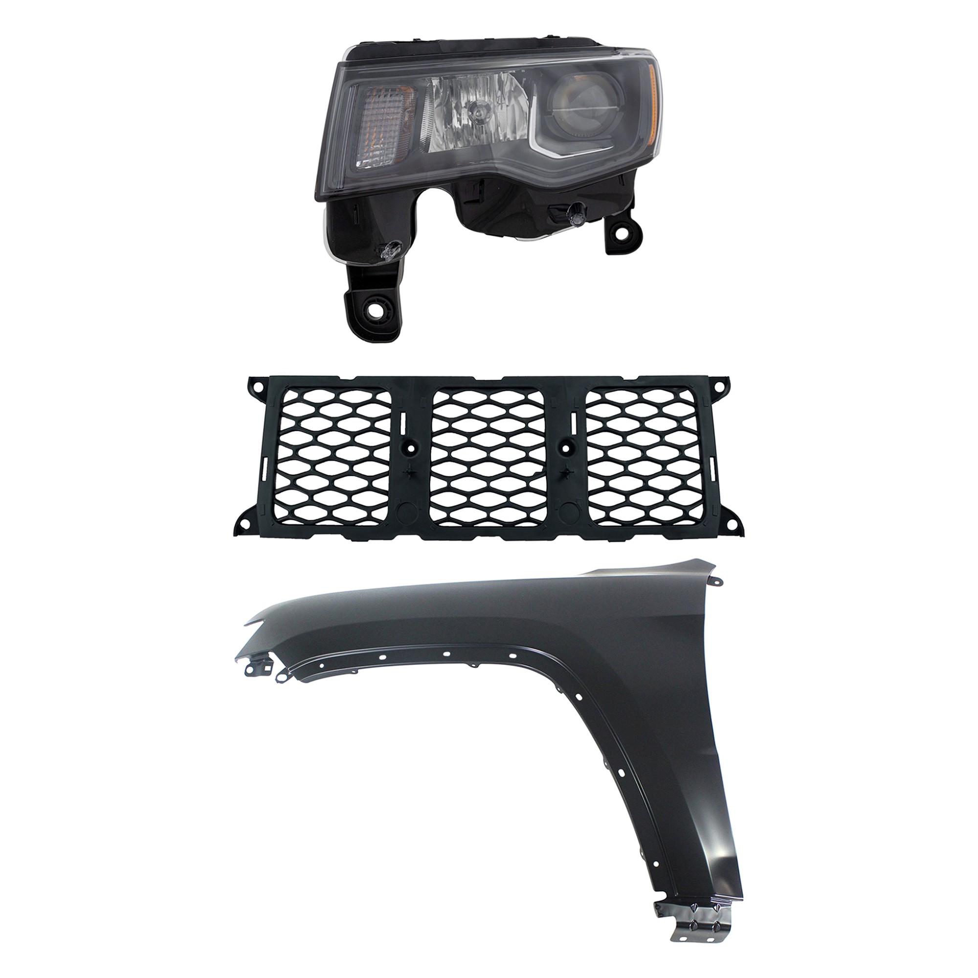 Headlight Assembly Kit for Jeep Grand Cherokee 2017-2021, Left (Driver), Halogen, 3-Piece with Fender and Grille Assembly, Replacement