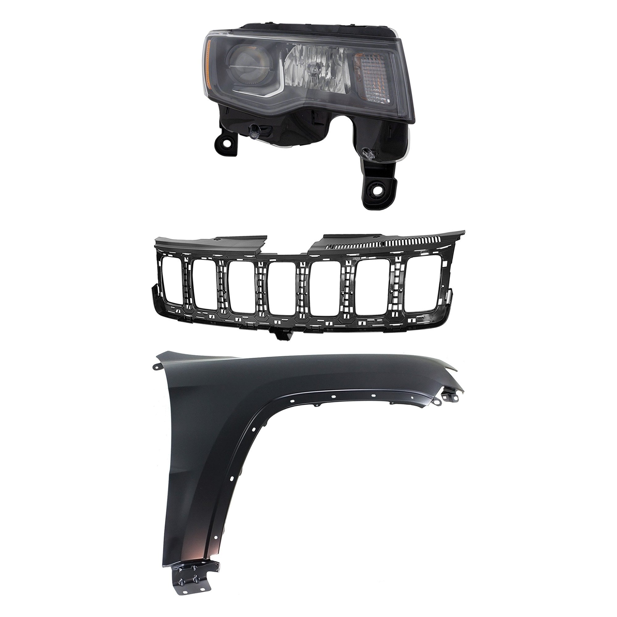 Headlight Assembly for Jeep Grand Cherokee 2017-2021, Right (Passenger), Halogen, 3-Piece Kit with Fender and Grille Assembly Replacement