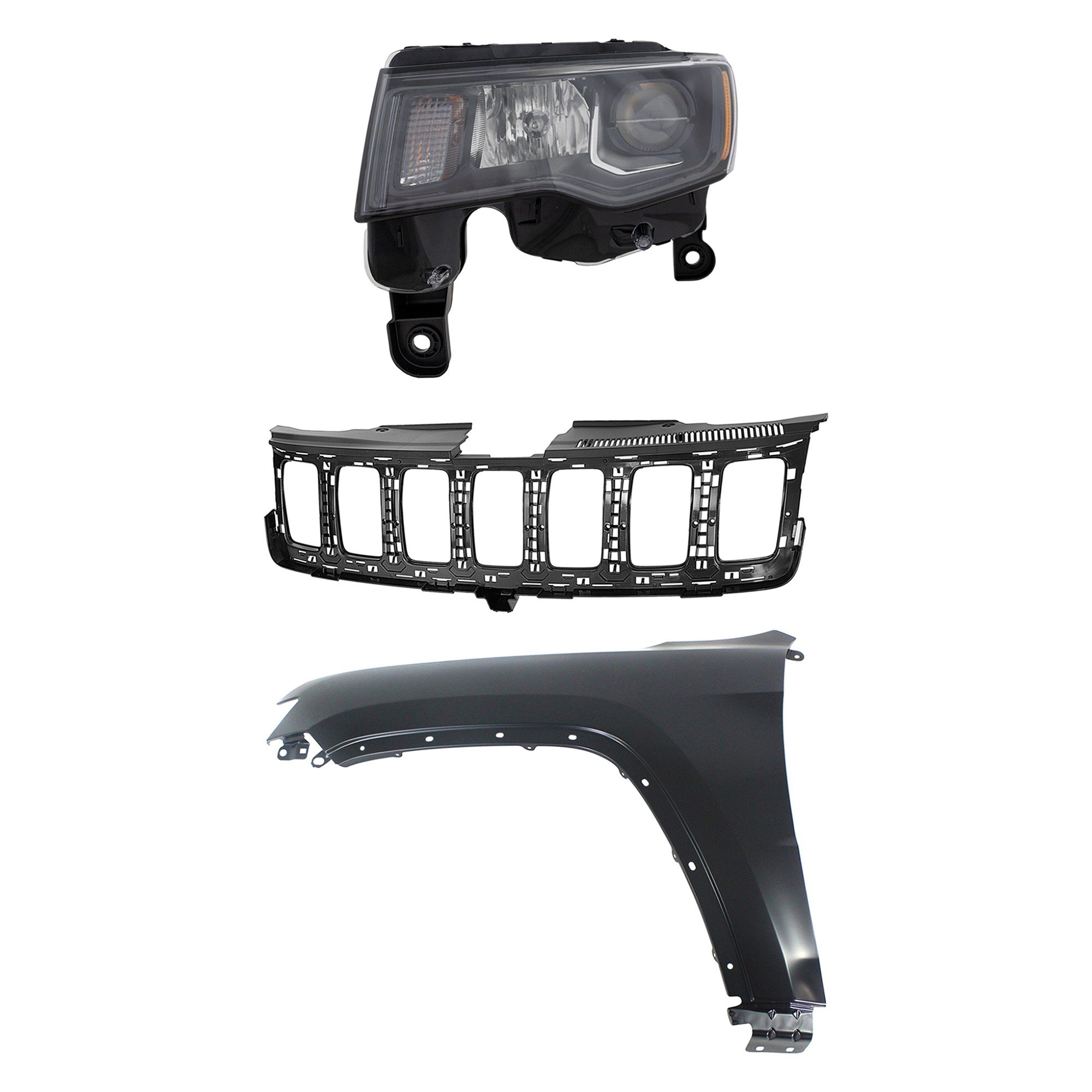 Headlight Assembly Kit for 2017-2021 Jeep Grand Cherokee, Left (Driver), Halogen, 3-Piece with Fender and Grille Assembly, Replacement