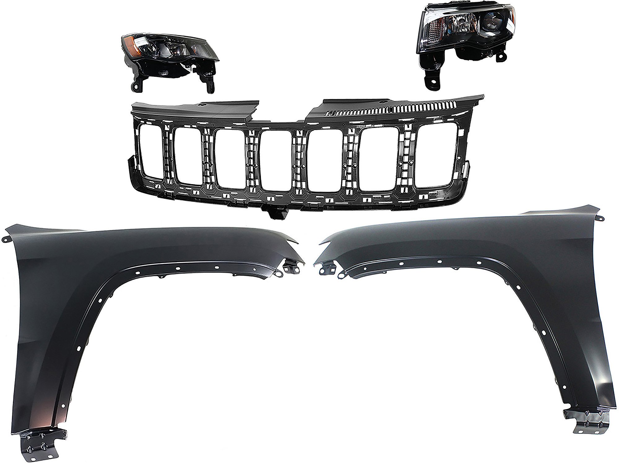 Headlight Assembly Kit for Jeep Grand Cherokee 2017-2021, Right (Passenger) and Left (Driver), Halogen, 5-Piece with Fenders and Grille Assembly, Replacement