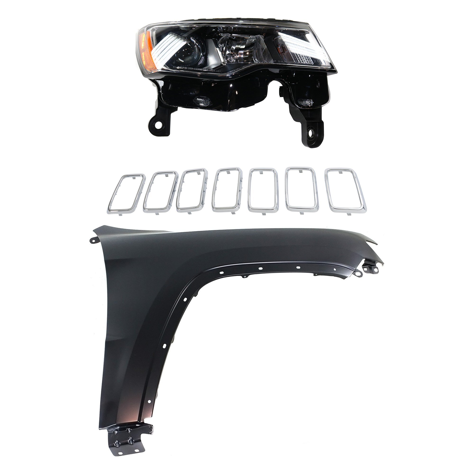 Headlight Assembly for Jeep Grand Cherokee 2017-2021, Right (Passenger) Side, Halogen, 3-Piece Kit with Fender and Grille Assembly, Replacement