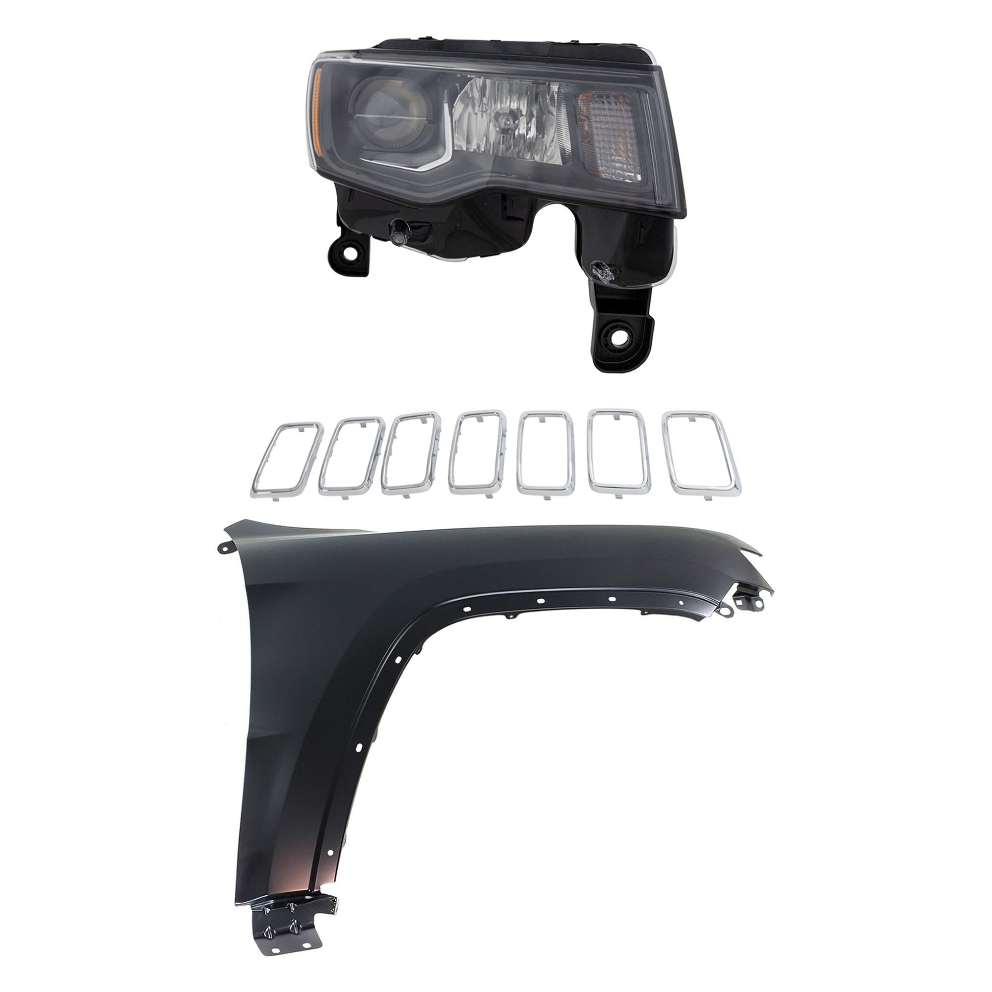 Headlight Assembly Kit for Jeep Grand Cherokee 2017-2021, Right (Passenger), Halogen, 3-Piece with Fender and Grille Assembly, Replacement