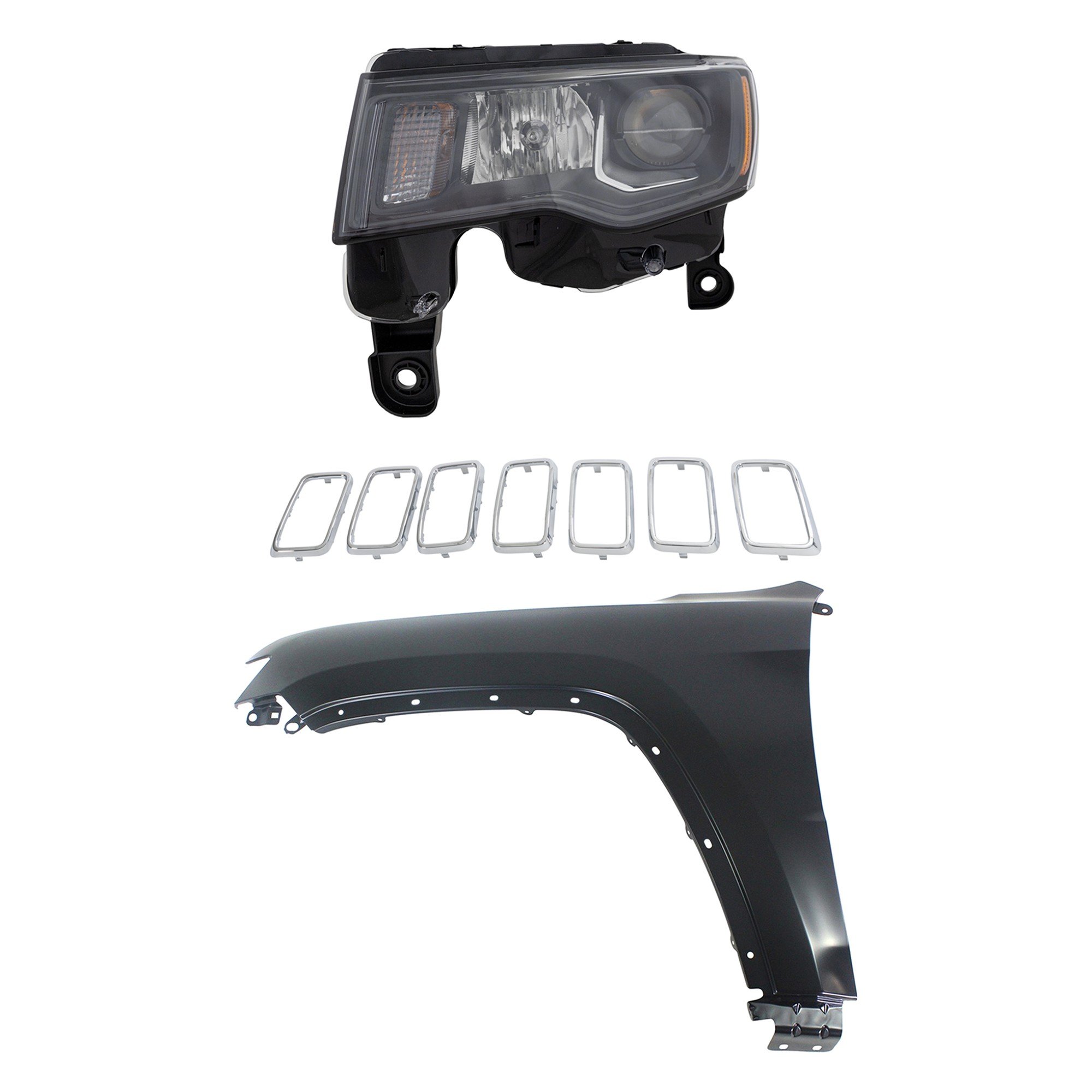 Headlight Assembly Kit for Jeep Grand Cherokee 2017-2021, Left (Driver), Halogen, 3-Piece with Fender and Grille Assembly, Replacement