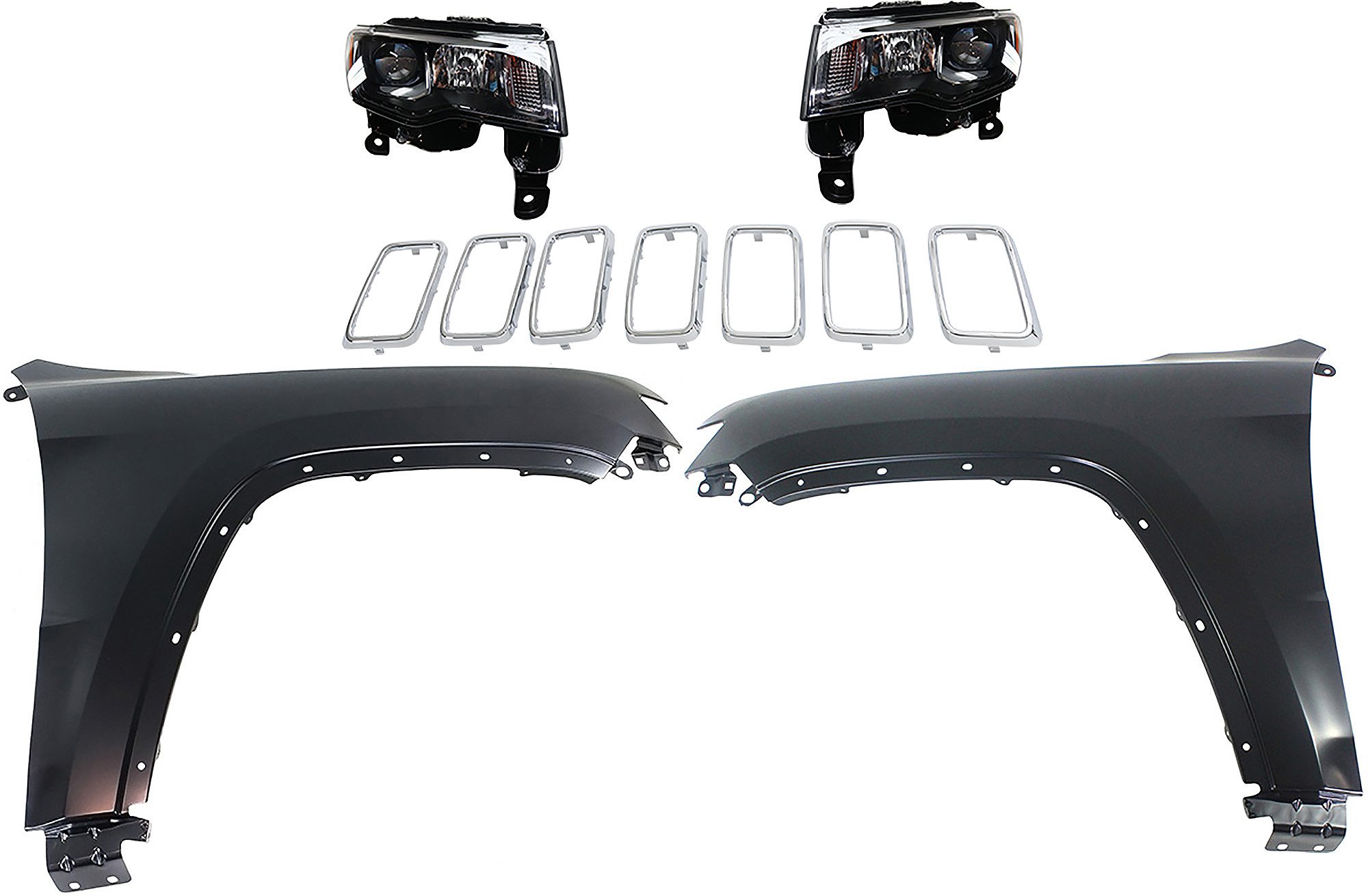 Headlight Assembly Kit for Jeep Grand Cherokee 2017-2021, Right (Passenger) and Left (Driver), Halogen, 5-Piece with Fenders and Grille Assembly, Replacement