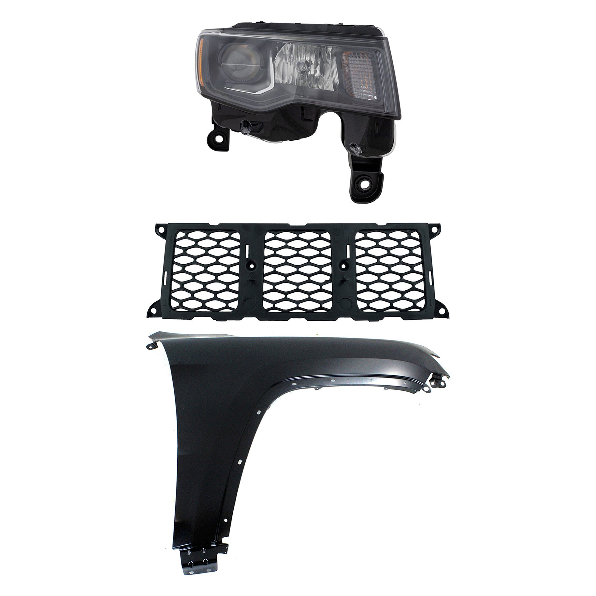 Headlight Assembly Kit for 2017-2021 Jeep Grand Cherokee, Right (Passenger) Side, Halogen, 3-Piece, with Fender and Grille Assembly - (CAPA) Replacement