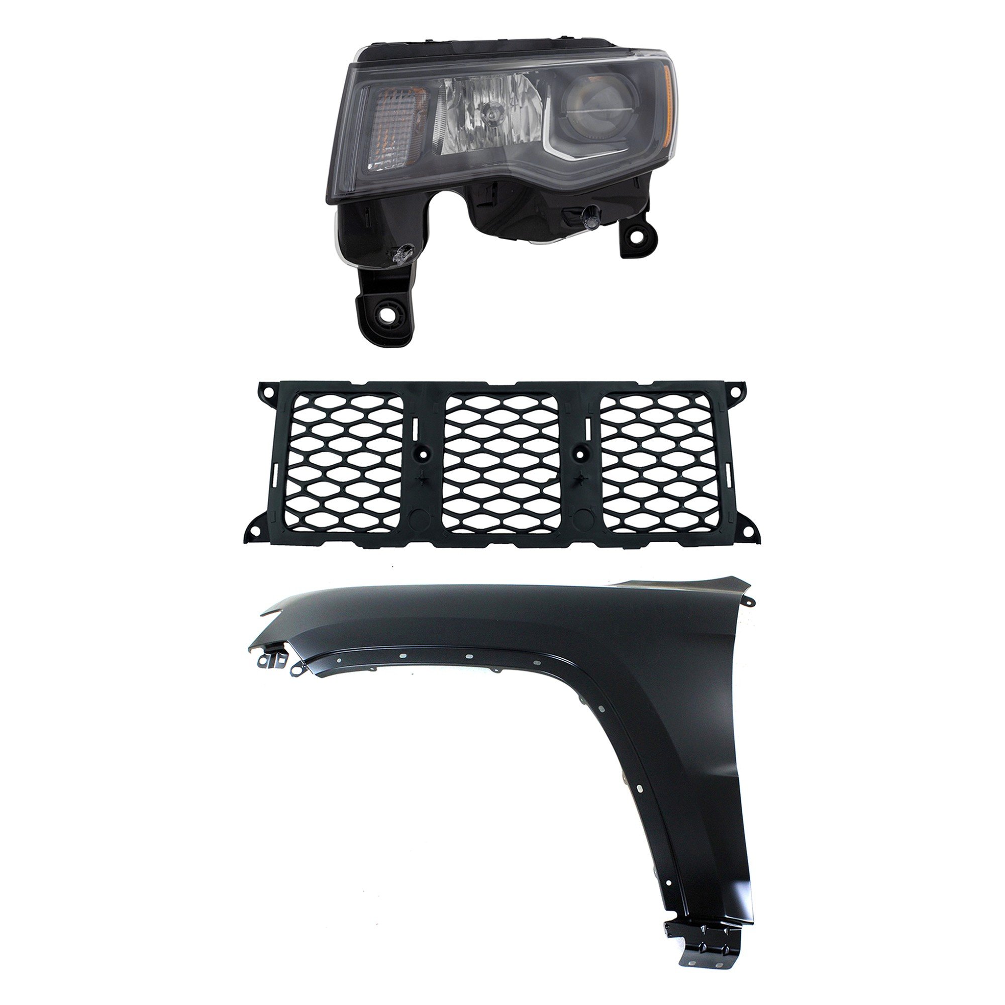 Headlight Assembly Kit for Jeep Grand Cherokee 2017-2021, Left (Driver) Side, Halogen, 3-Piece Set with Fender and Grille Assembly - (CAPA) Replacement