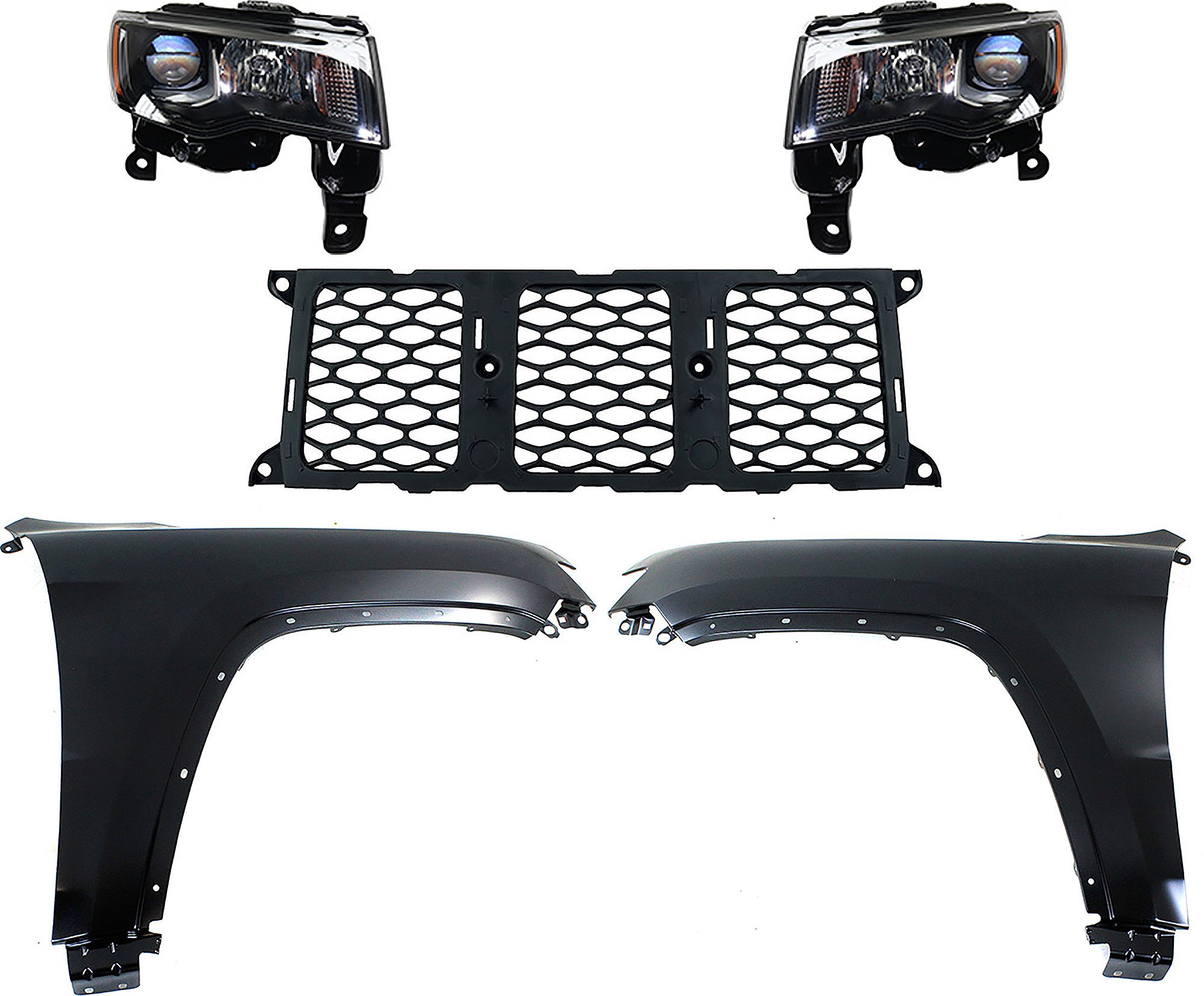 Headlight Assembly for Jeep Grand Cherokee 2017-2021, Right (Passenger) and Left (Driver), 5-Piece Kit, Halogen, with Grille Assembly and Fenders - (CAPA), Replacement