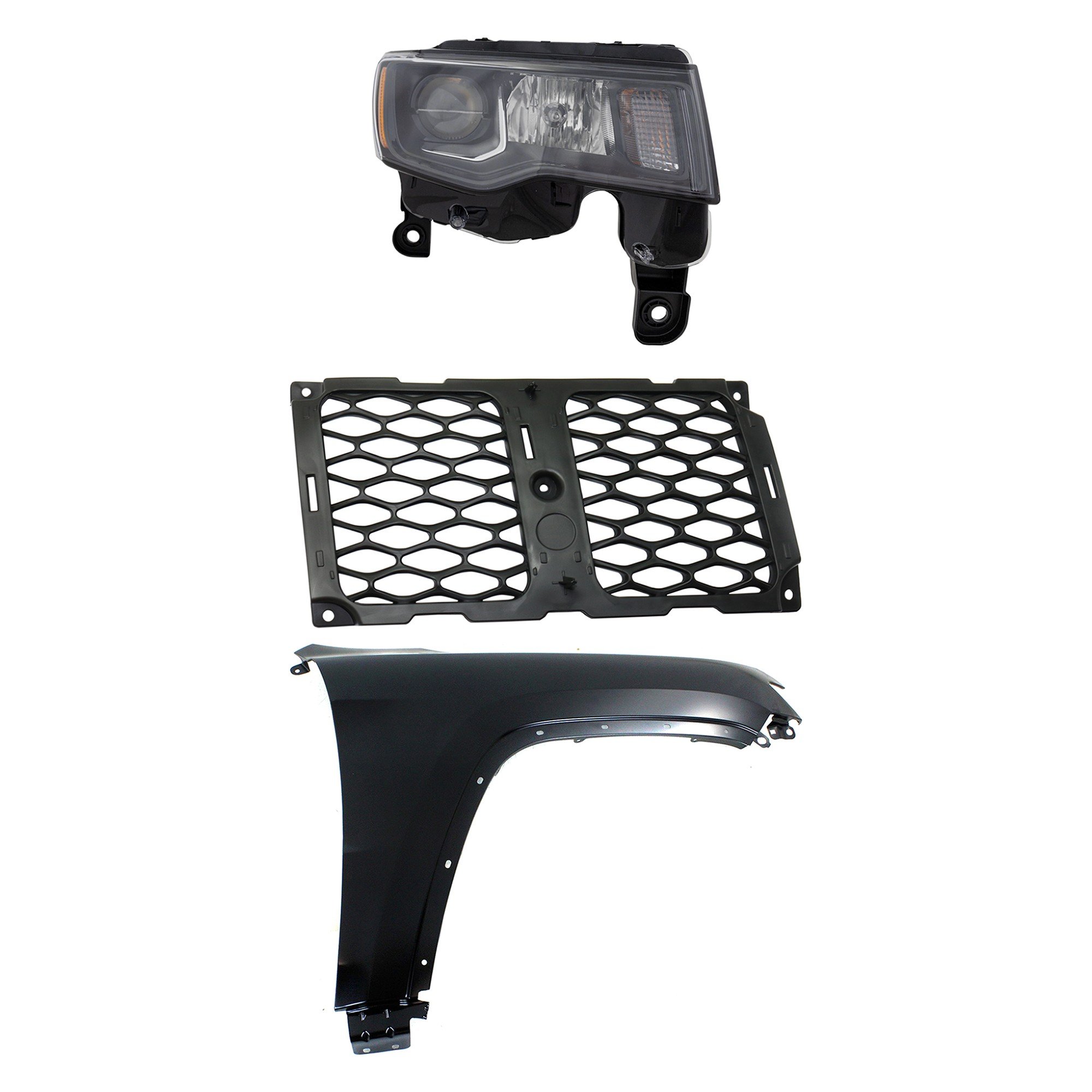 Headlight Assembly Kit for Jeep Grand Cherokee 2017-2021, Right (Passenger) Side, Halogen, 3-Piece with Fender and Grille Assembly - (CAPA) Replacement